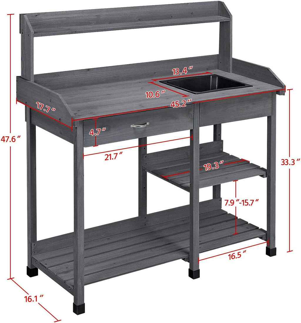 Wooden Potting Bench Work Table with Storage Display Shelves and Sink Durable Sturdy Heavy Duty Versatile Contemporary for Home Garden Backyard Patio Greenhouse Outdoor Garage Planter Flowers Pot