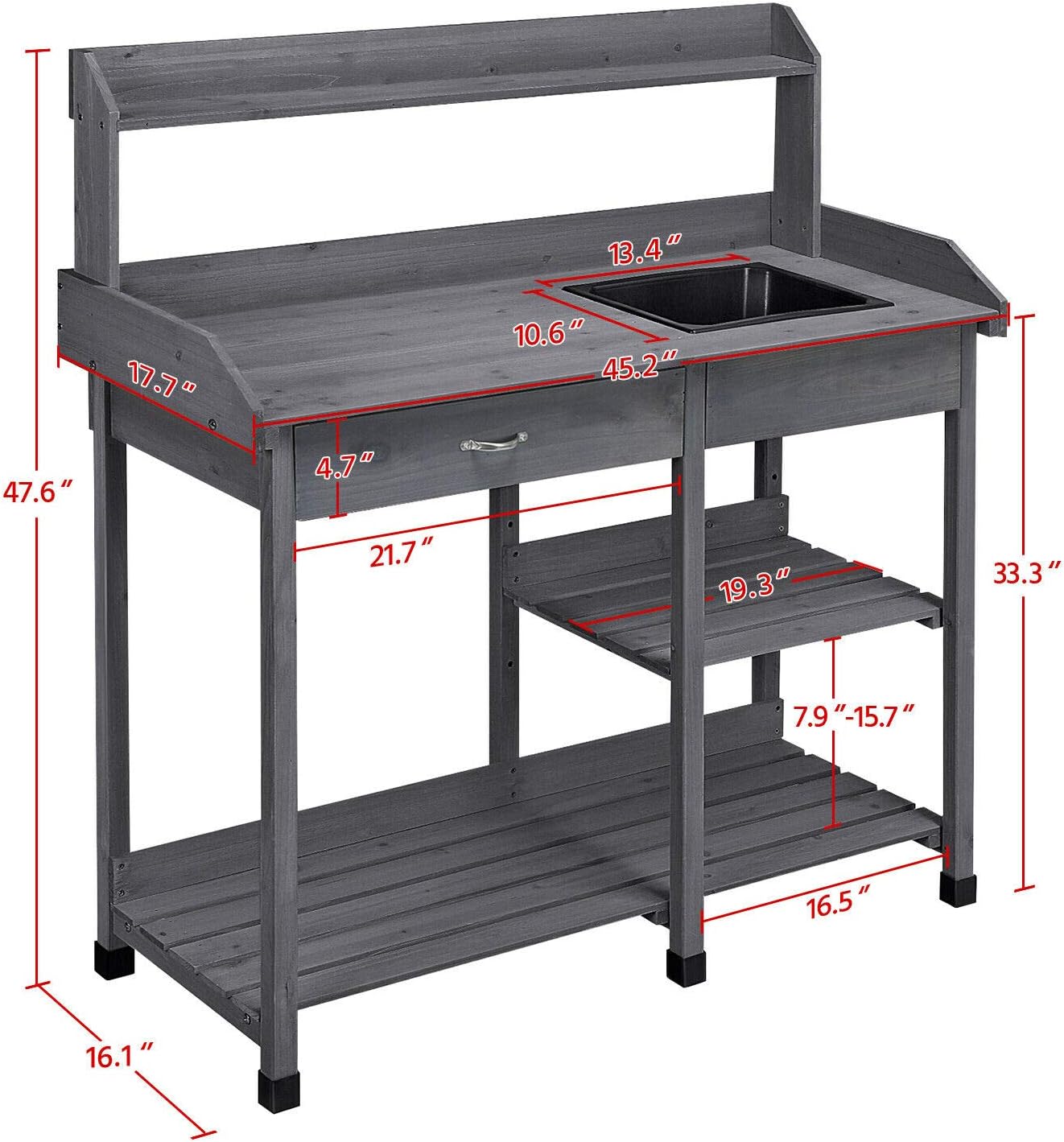 Wooden Potting Bench Work Table with Storage Display Shelves and Sink Durable Sturdy Heavy Duty Versatile Contemporary for Home Garden Backyard Patio Greenhouse Outdoor Garage Planter Flowers Pot
