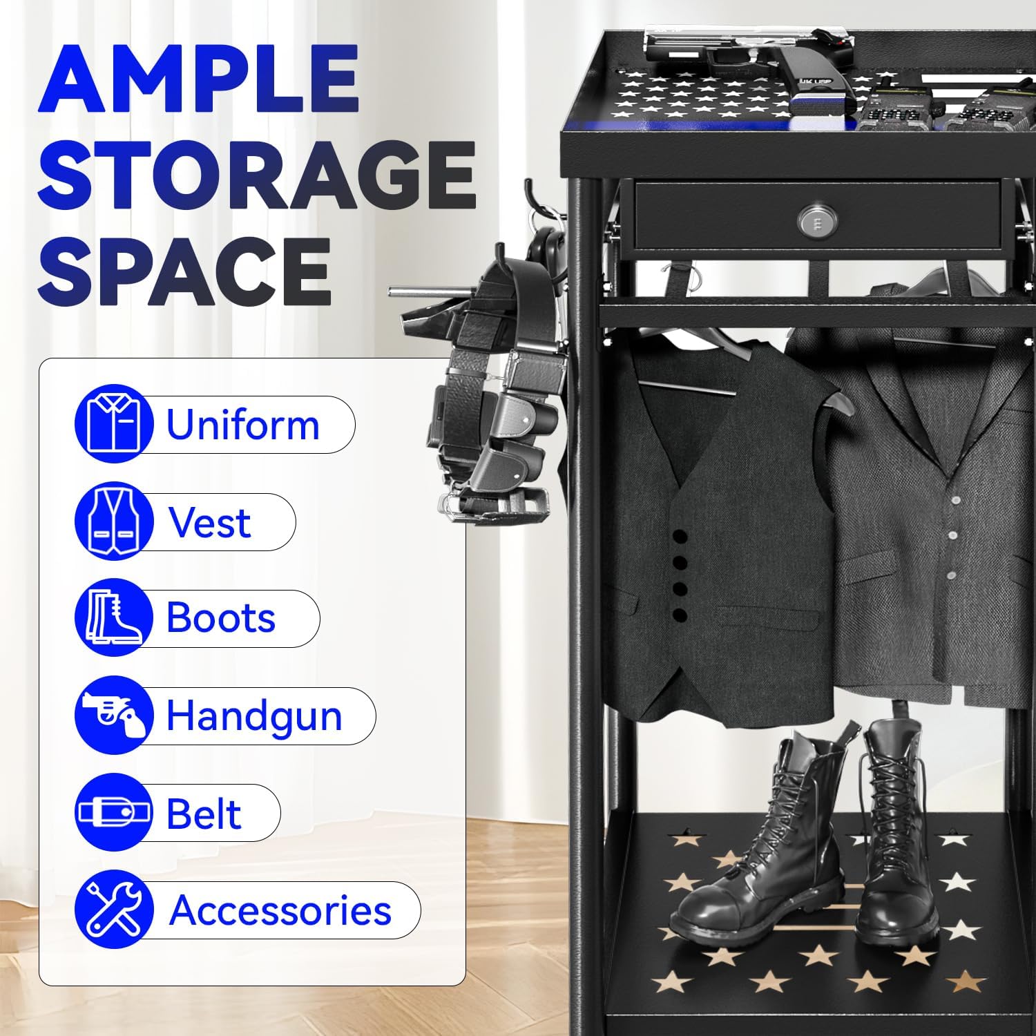 Heavy Duty Police Gear Rack with Drawer, Freestanding Tactical Duty Gear Rack Organizer with Hooks, Black Body Armor Stand for Storing Uniform, Vest Belt Helmet, Police Gift