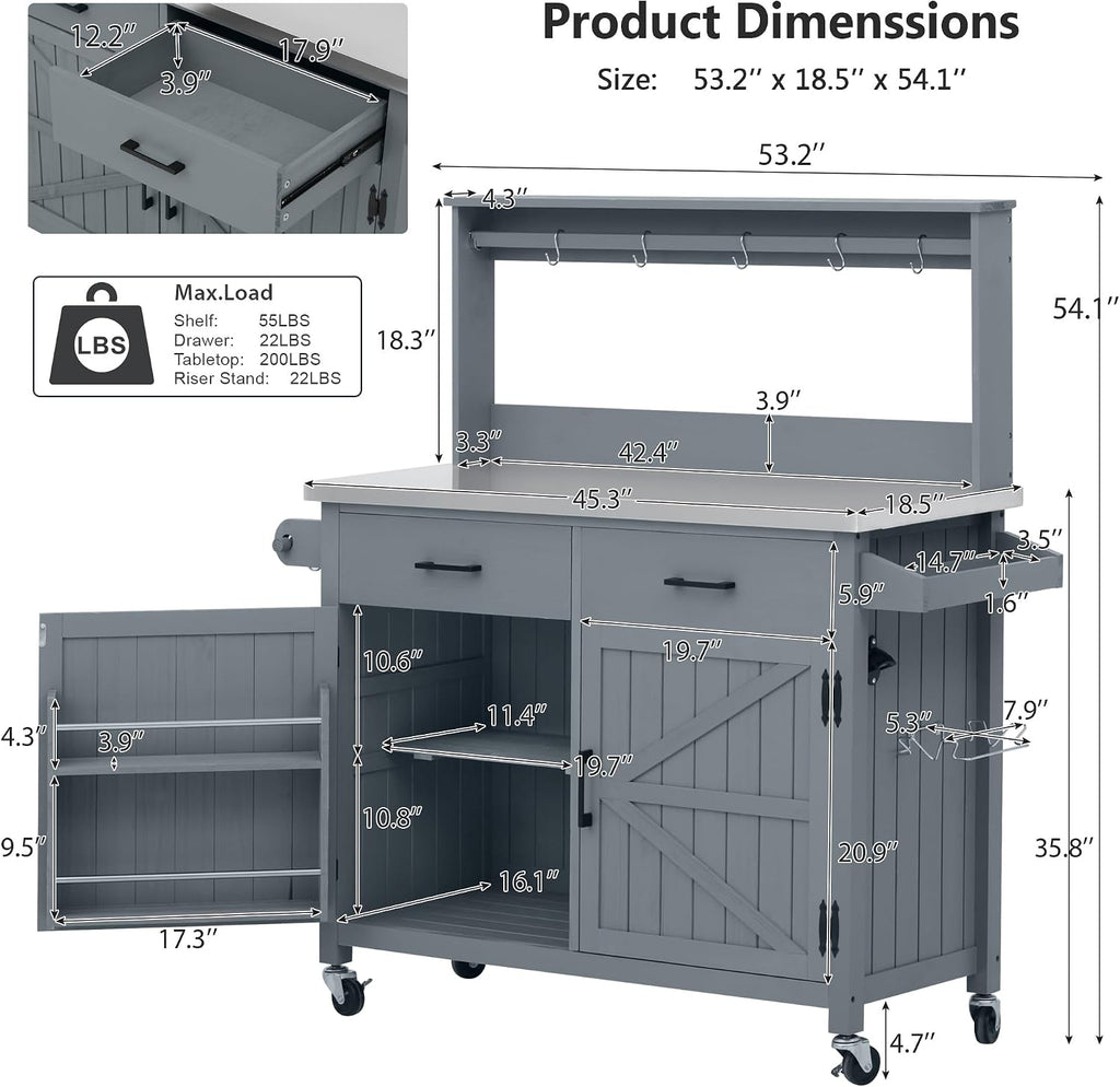 54.1' Outdoor Kitchen Island with High Shelf, Large Potting Bench Table with Stainless Steel Top, Solid Wood Grill Cart with Lockable Wheels for BBQ, Garden (Grey Blue-hs)