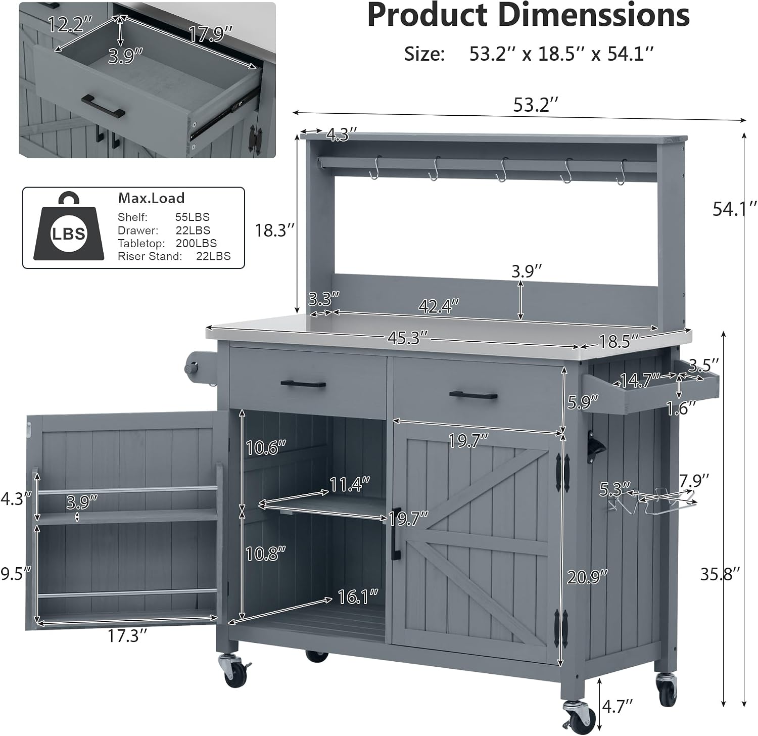 54.1' Outdoor Kitchen Island with High Shelf, Large Potting Bench Table with Stainless Steel Top, Solid Wood Grill Cart with Lockable Wheels for BBQ, Garden (Grey Blue-hs)