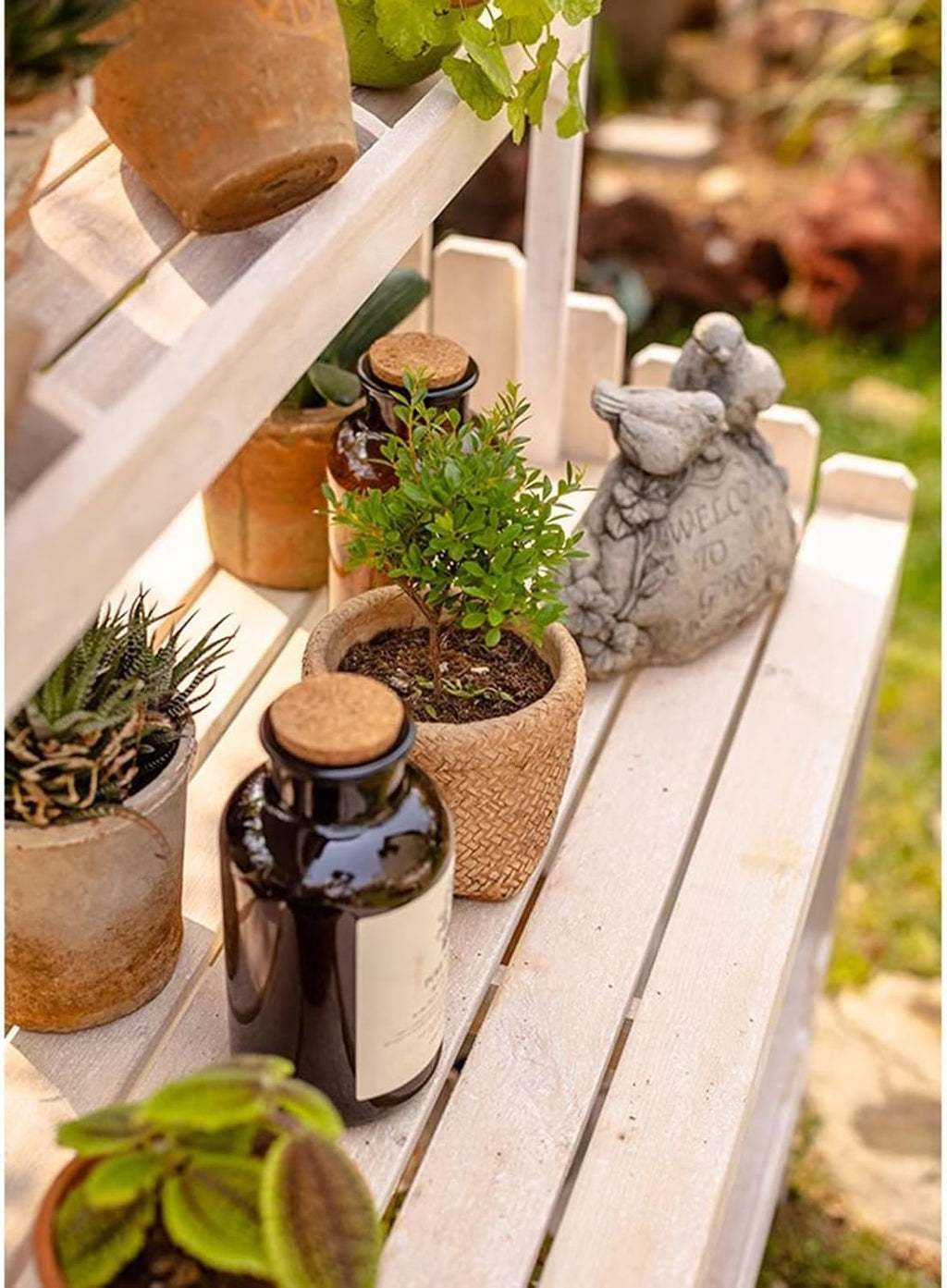 Mobile Potting Bench Table with Eaves, Garden Work Bench, Outdoor Wooden Workstation Hut with Multiple Compartments and 4 Locking Wheels, for Patio Courtyards Planter, Natural