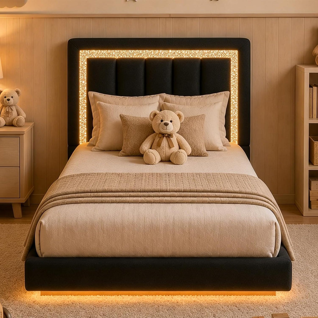 HOMBCK Floating Bed Frame Twin with Smart LED Lights, Faux Leather Upholstered Platform Bed with Diamond Headboard, No Box Spring Needed, Noise Free, Easy Assembly, Black