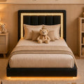 HOMBCK Floating Bed Frame Twin with Smart LED Lights, Faux Leather Upholstered Platform Bed with Diamond Headboard, No Box Spring Needed, Noise Free, Easy Assembly, Black