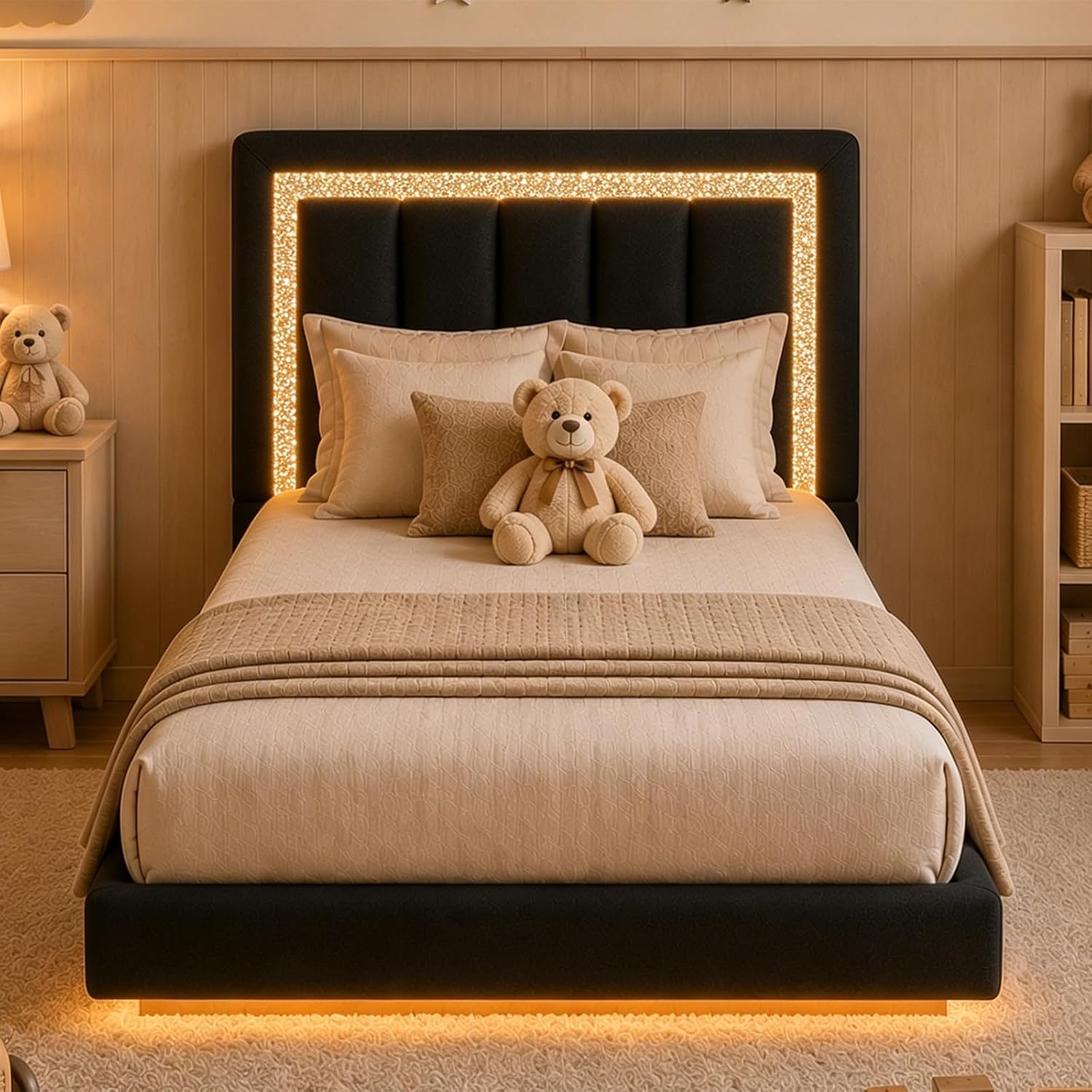 HOMBCK Floating Bed Frame Twin with Smart LED Lights, Faux Leather Upholstered Platform Bed with Diamond Headboard, No Box Spring Needed, Noise Free, Easy Assembly, Black