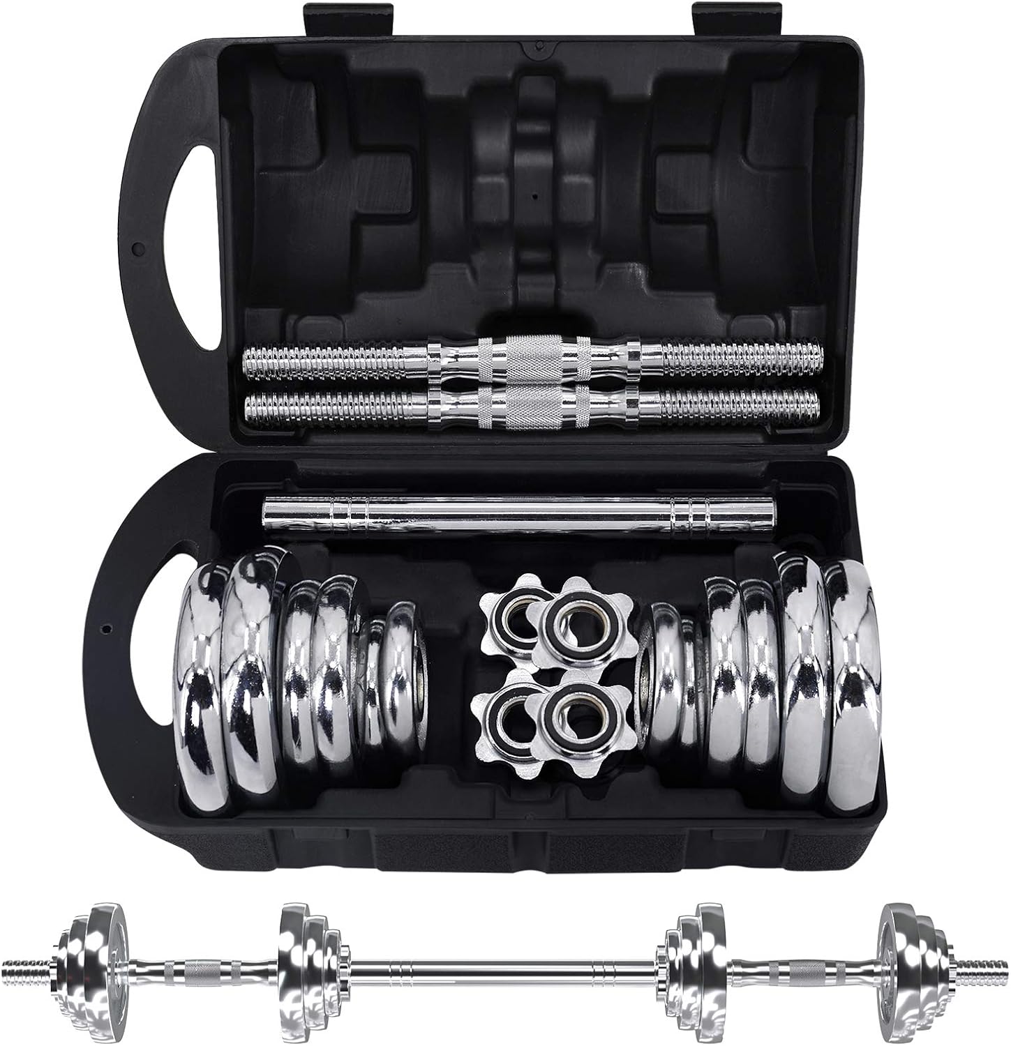 VIVITORY Fitness Dumbbells Set, Adjustable Weight Sets up to 11/22/44/66/100 lbs, with Metal Connecting Rod Used As Barbell, Chromed Weights, Hardcover Gift Box, Home Gym Work Out Training Equipment