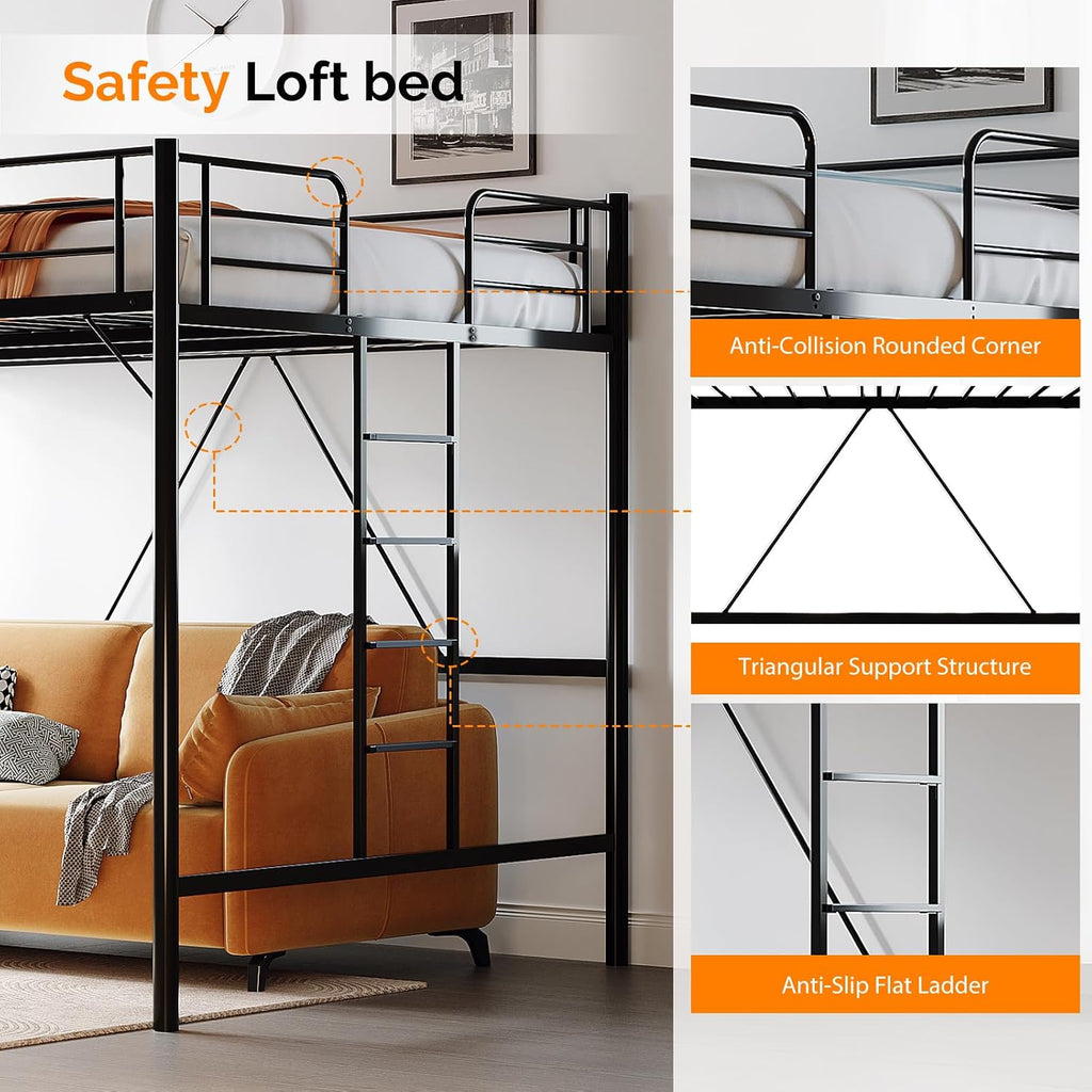 VINGLI Queen Loft Bed with Flat Rungs for Adults, Kids and Young Teens, No Box Spring Required,Heavy Duty Metal Slat Support, Black