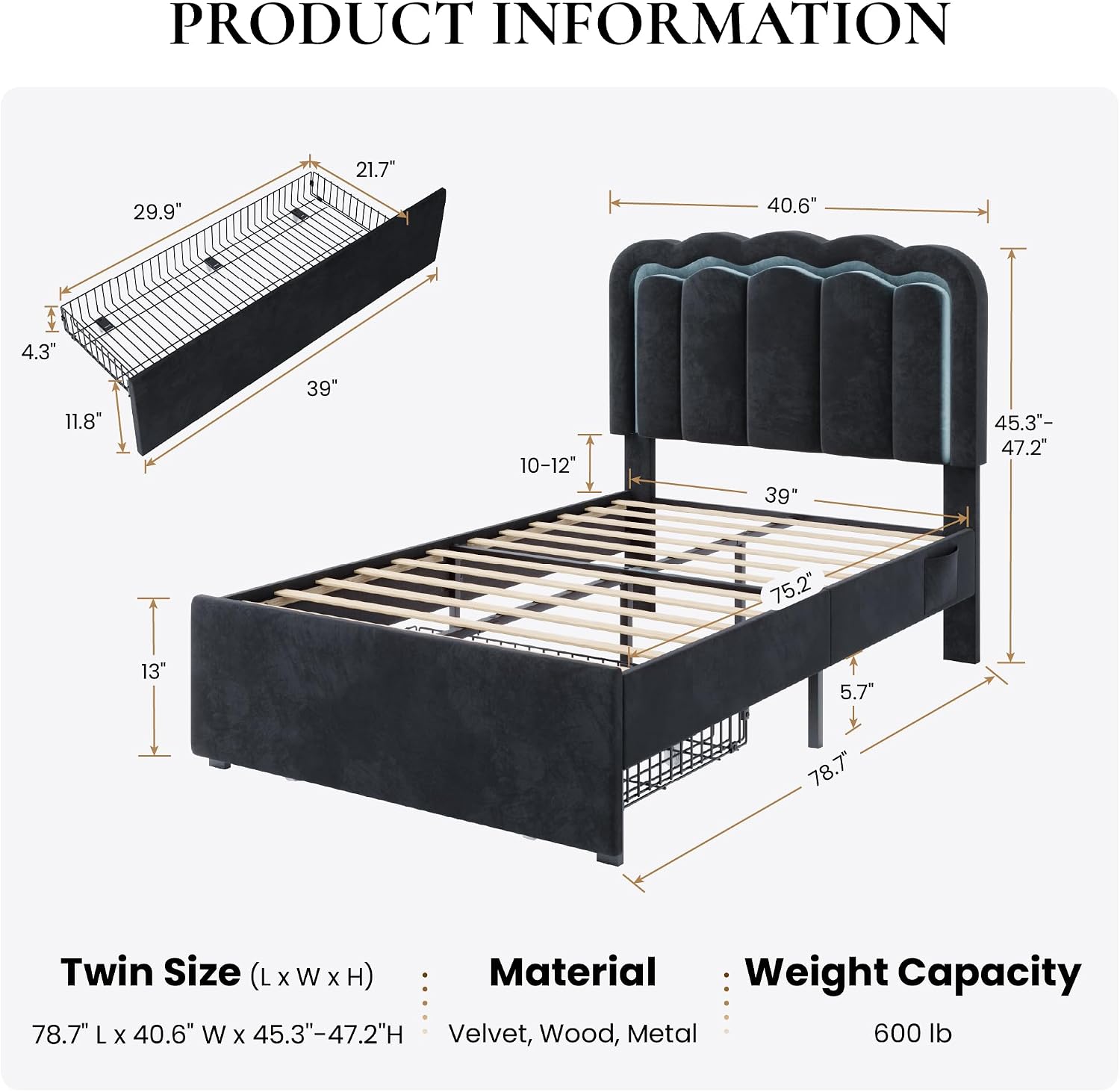 SHA CERLIN Upholstered Twin Size Bed Frame with LED Lights and Large Storage Drawer, Velvet Platform Bed with Adjustable Wavy Headboard, Noise Free, Easy Assembly, No Box Spring Needed, Soft Black