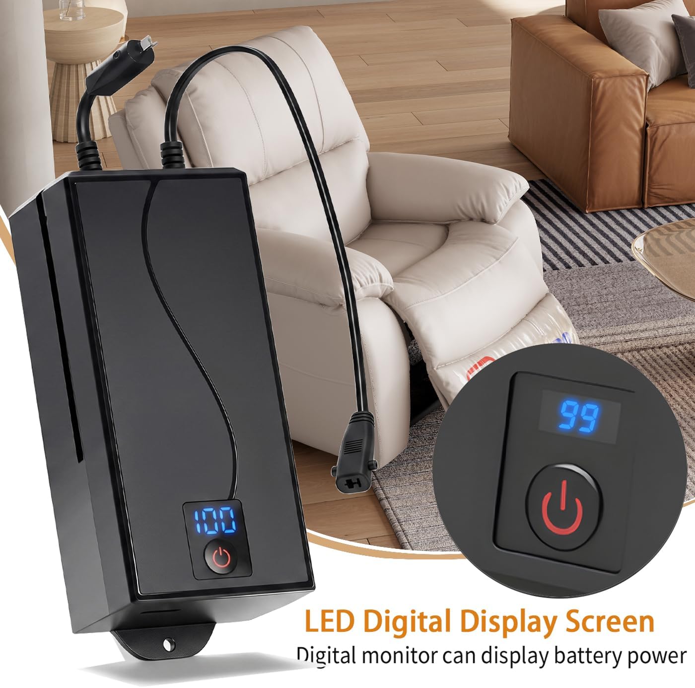 5000mAh Battery Pack for Reclining Furniture - Universal Recliner Battery Pack with LCD Display for Electric Recliners, Sofas, Lift Chairs and Couch - only Compatible with 2-Pin Motion