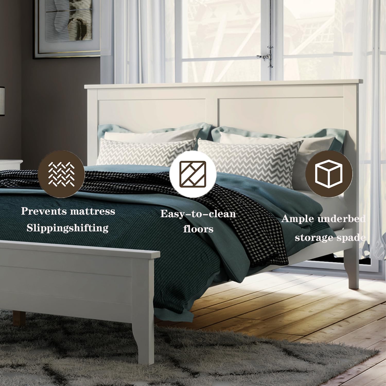 King Size Wood Bed Frame and Headboard, Modern Retro White Platform Beds Frames, Sturdy and Durable Design Mid Century Rustic Wooden Bedroom Set, No Box Spring Needed (White, King)