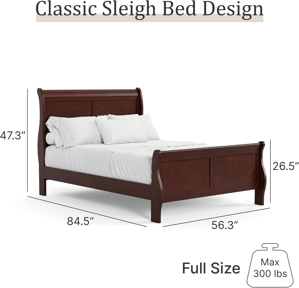 Furniture of America Louis Philippe Traditional Solid Wood 4 Piece Bedroom Set, Full Bed Frame, Nightstand, and Dresser with Mirror, Bedframe with Headboard and Footboard, Box Spring Needed, Cherry