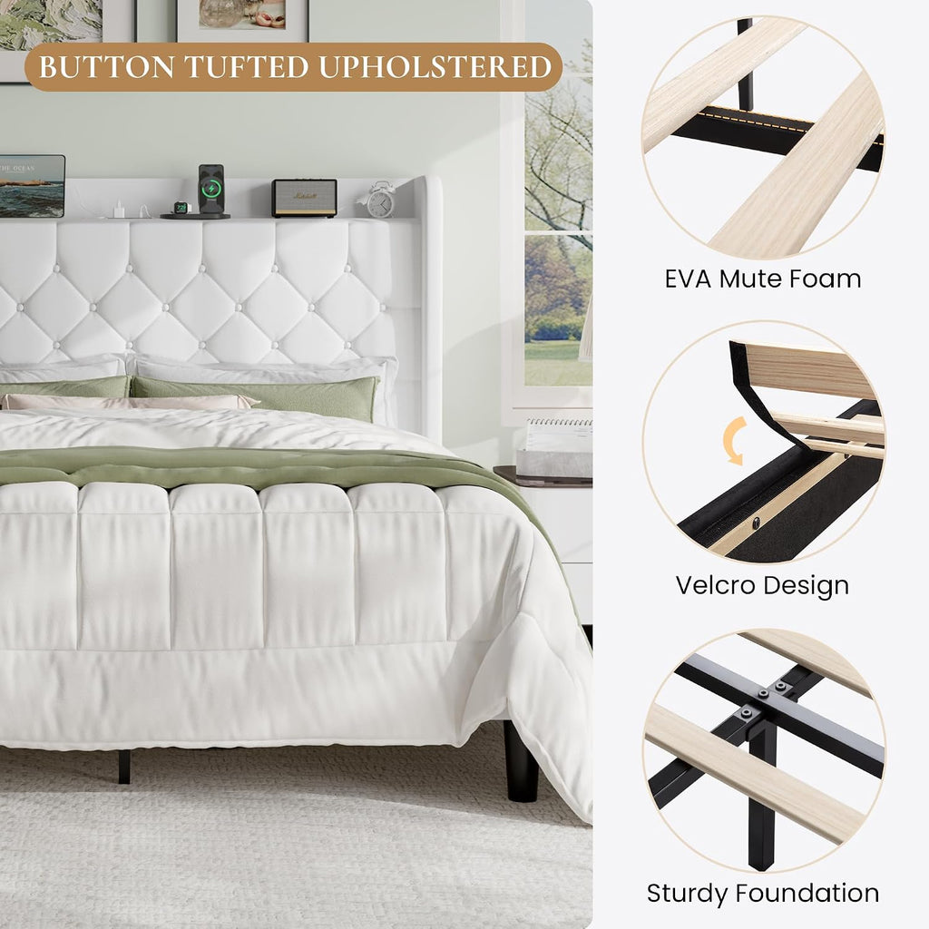 SHA CERLIN Full Size Platform Bed Frame with Charging Station, Velvet Wingback Headboard with Storage Shelf, Wooden Slats Support, Ample Under-Bed Space, No Box Spring Needed, Easy Assembly, White