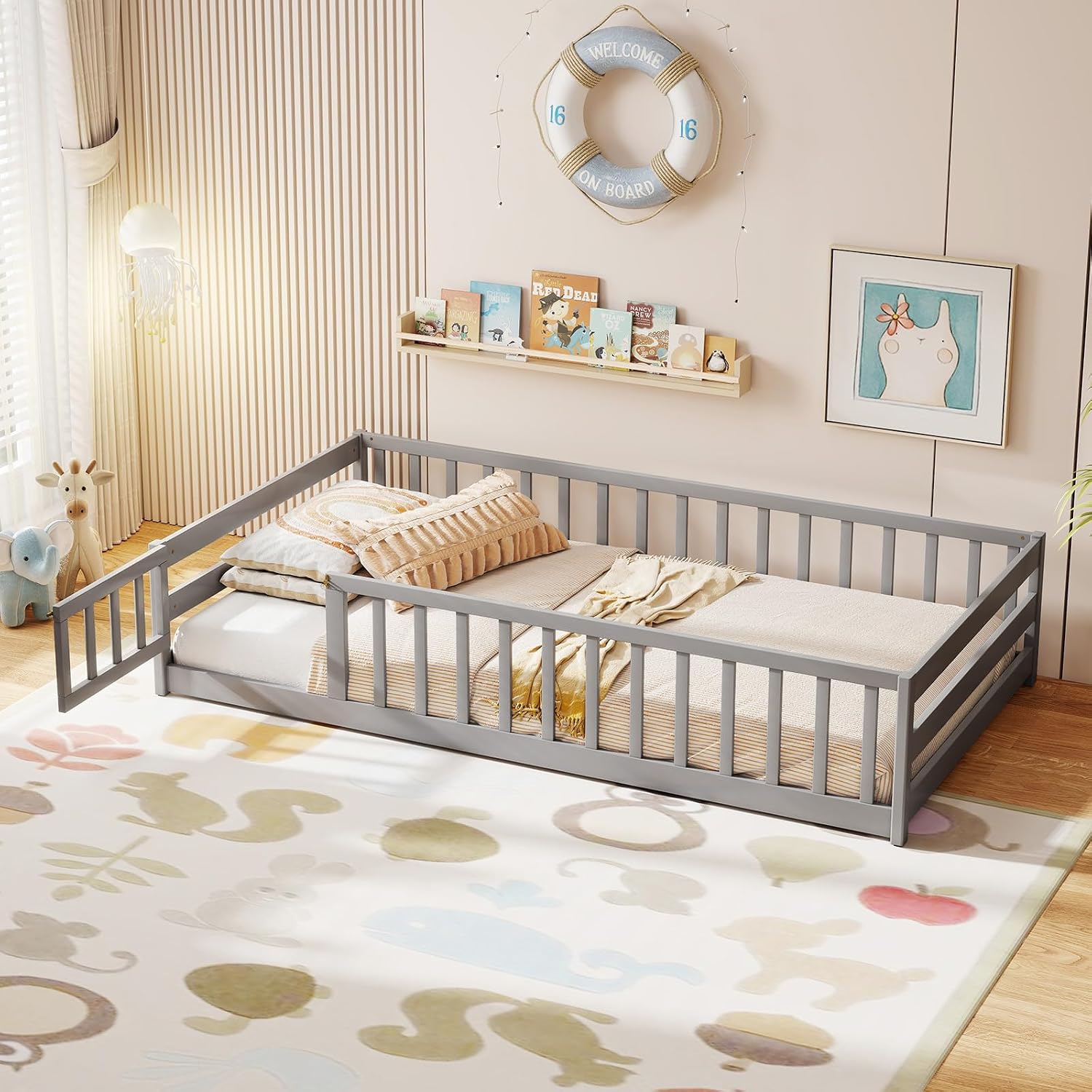 KOMFOTT Twin Size Wood Floor Bed with Door & Fence, Montessori Bed Frame with Full Length Safety Guardrails, Door & Latch, Wooden Montessori Floor Bed for Kids, Girls, Boys (Grey, Twin)