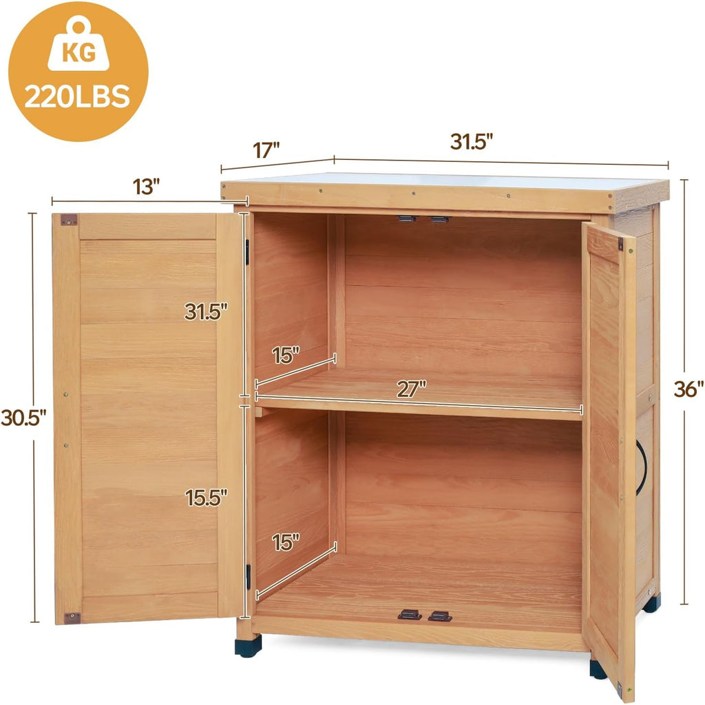 Potting Bench with Storage Cabinet and Metal Table Top for Outdoor Patio Garden Work Station Table Solid Wood X-Shape Design Light Brown