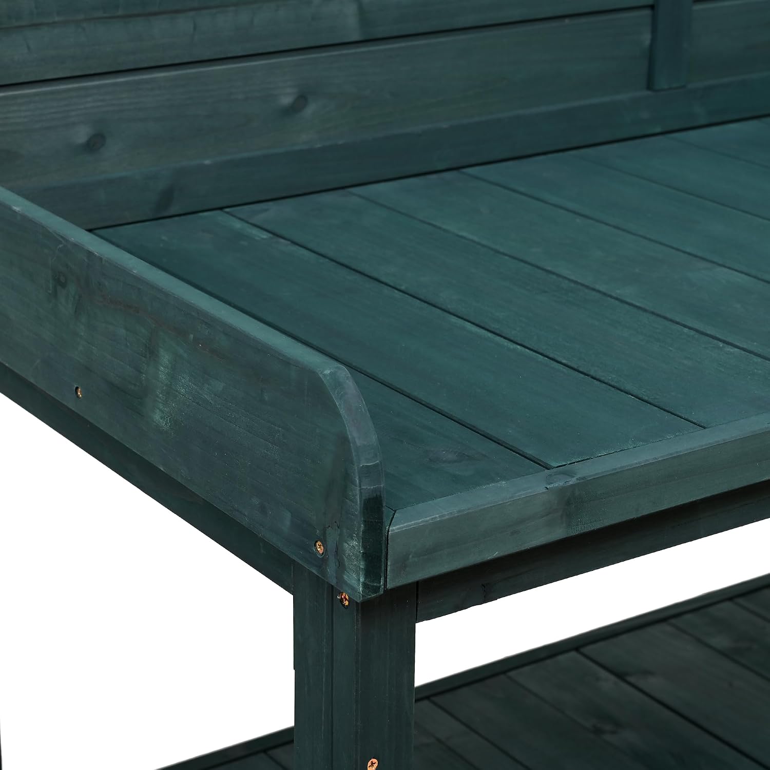 Penau Wooden Potting Bench 46.9 x 19.3 x 65 Inchs, Farmhouse Rustic Outdoor Potting Bench Table with 4 Storage Shelves, Side Hooks and Splash Plate, Forest Green