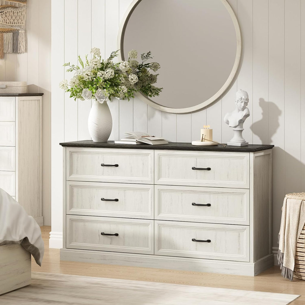 Farmhouse 6 Drawer Dresser for Bedroom, 55 Inch Wide Modern White Dresser TV Stand with Large Drawers & Bar Handles, Rustic Wood Chest of Drawers for Bedroom, Living Room, Hallway, Entryway.