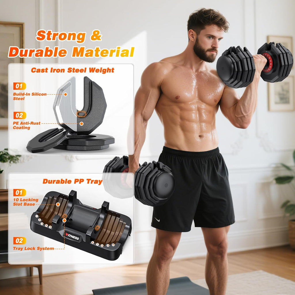 XDDIAS Adjustable Dumbbells Set of 2 for Strength Training, One-Hand Quick Adjust, 25/55/80/90 lbs Options, Anti-Slip Grip Handle, Compact Home Gym Weights for Men Women