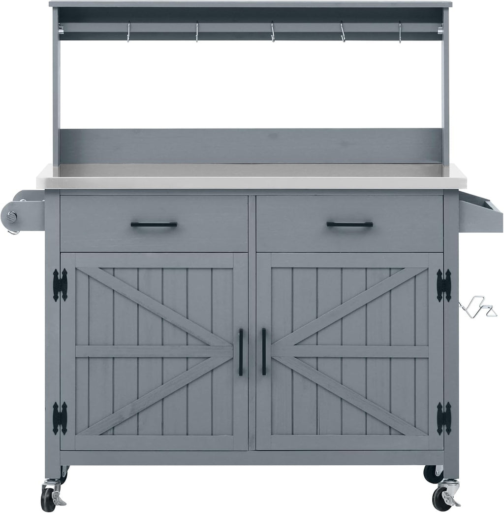 RuiSiSi Outdoor Kitchen Island Cart with Stainless Steel Top, 54' Outdoor Grill Cart with Storage Cabinet & High Shelf, BBQ Prep Kitchen Island Table on Wheels for Patio, Garden, Backyard, Gray Blue