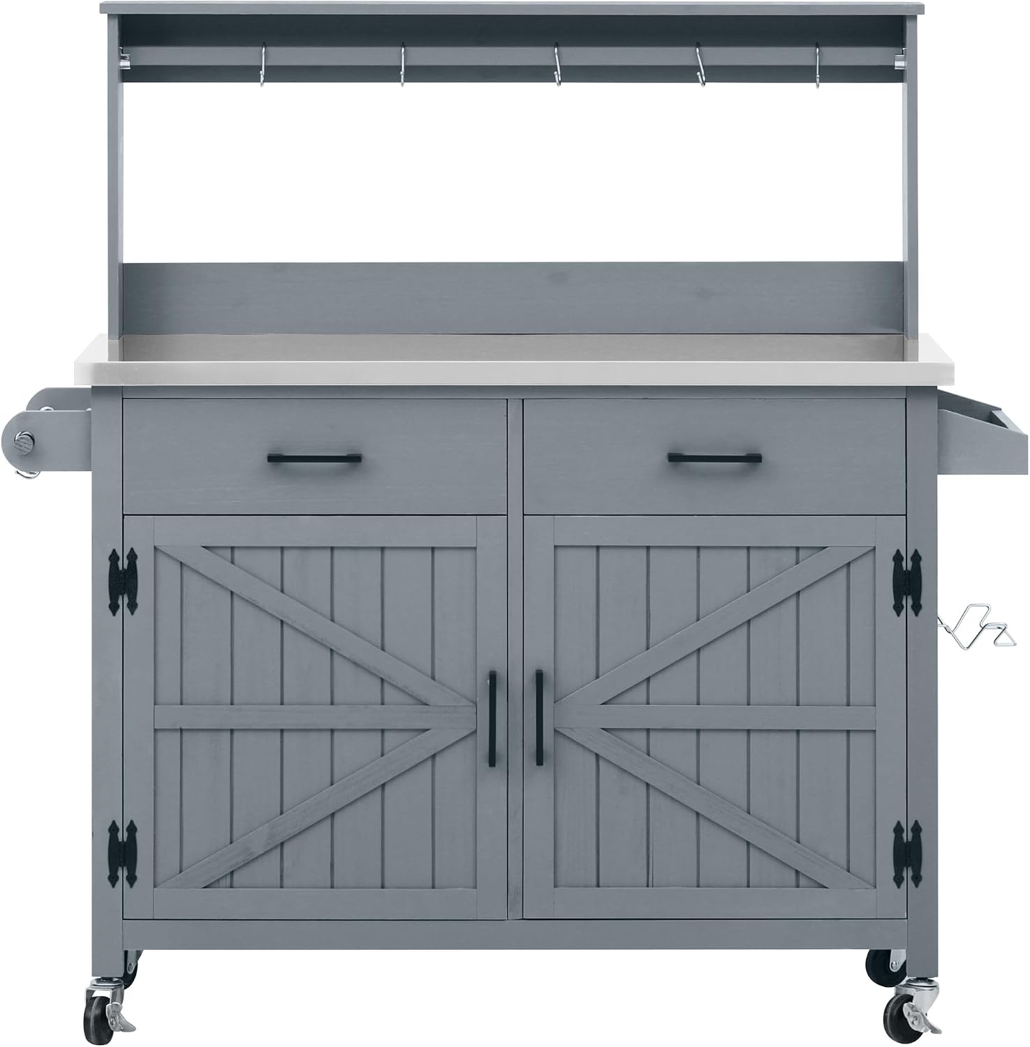 RuiSiSi Outdoor Kitchen Island Cart with Stainless Steel Top, 54' Outdoor Grill Cart with Storage Cabinet & High Shelf, BBQ Prep Kitchen Island Table on Wheels for Patio, Garden, Backyard, Gray Blue