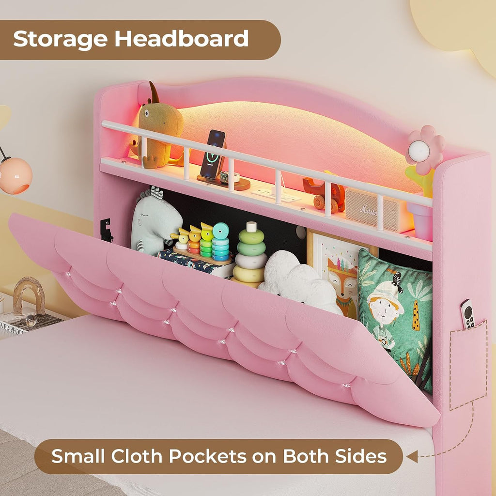 HAUOMS Twin Size Bed Frame with LED Lights & 4 Drawers, Princess Velvet Upholstered Platform Bed for Girls, Headboard with Charging Station & Guardrail & Crystal Button, No Box Spring Needed, Pink