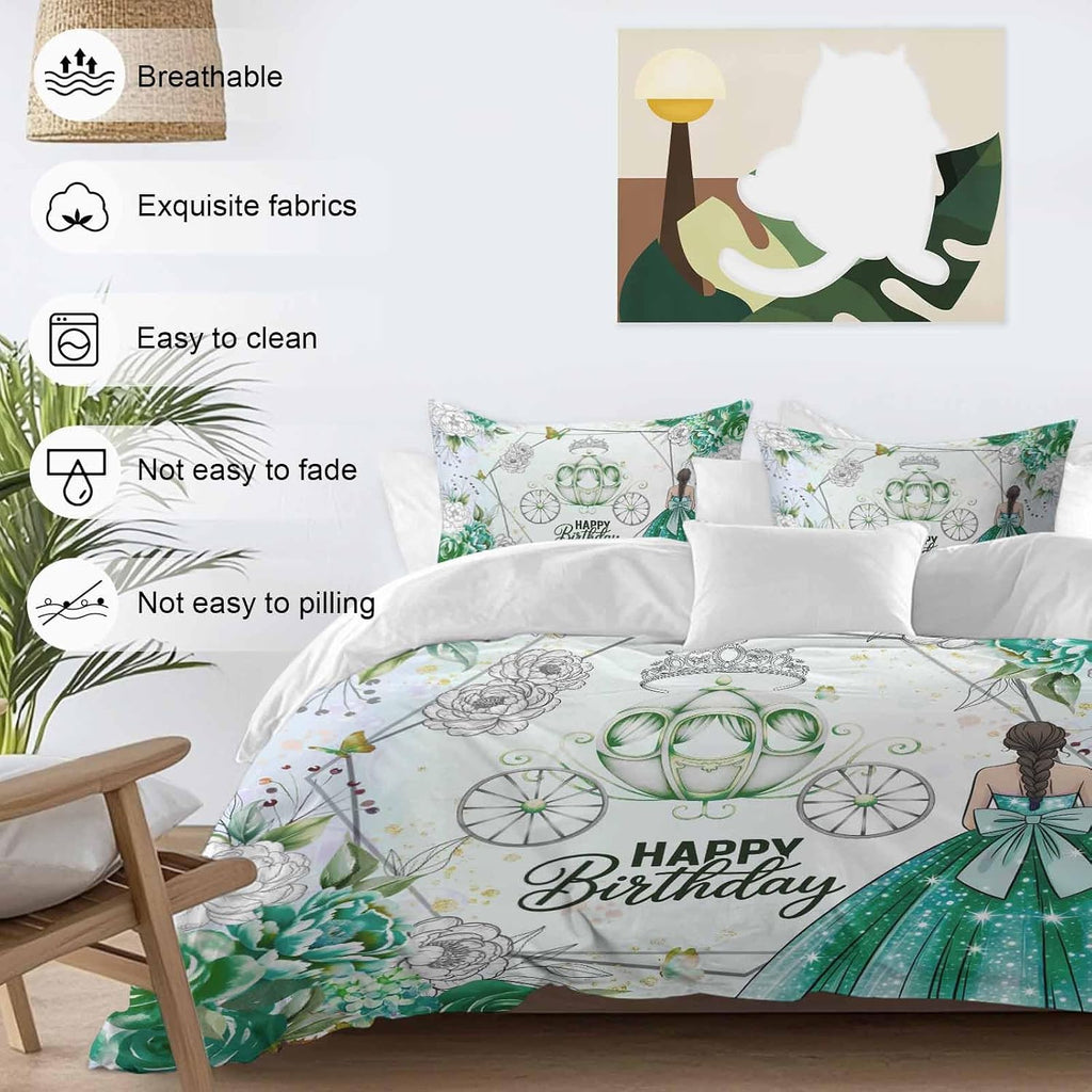 Happy Birthday Duvet Cover Set, Green Dress Crown Carriage Flowers Butterfly Soft Duvet Cover Full Size Bedding Set 4 Pieces, 1 Quiltcover and 2 Pillowcases with Zipper, 1 Bed Sheet for All Seasons