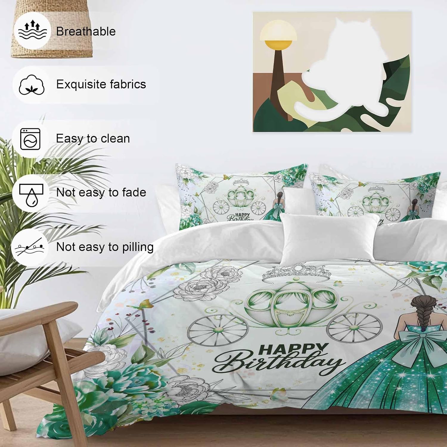 Happy Birthday Duvet Cover Set, Green Dress Crown Carriage Flowers Butterfly Soft Duvet Cover Full Size Bedding Set 4 Pieces, 1 Quiltcover and 2 Pillowcases with Zipper, 1 Bed Sheet for All Seasons