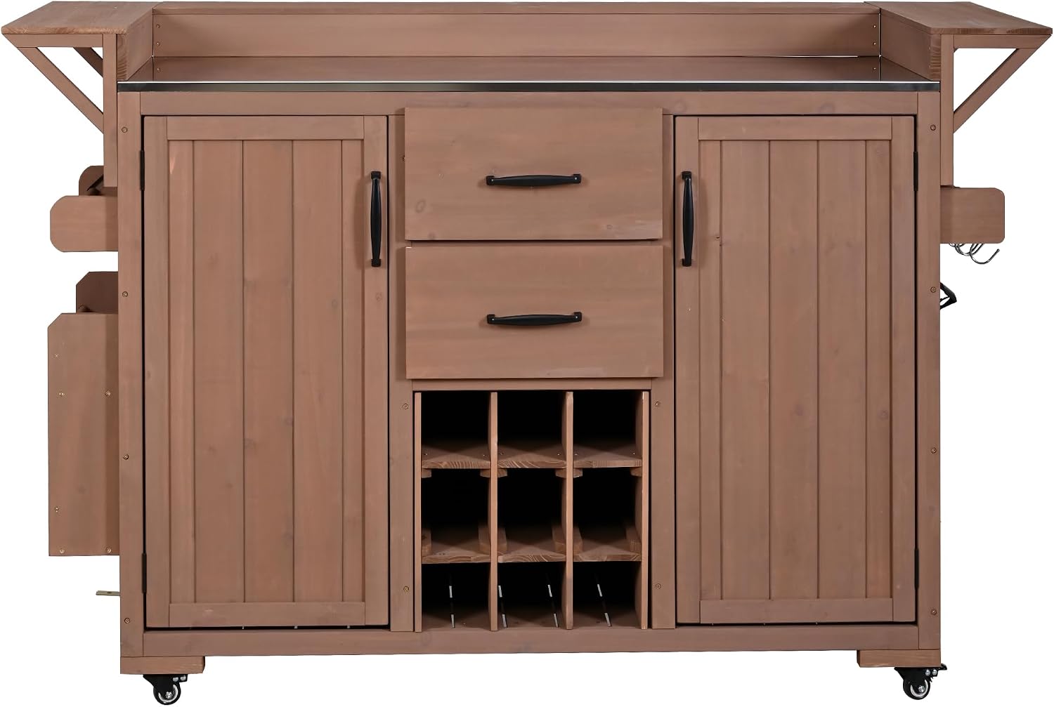 Modern 60.2''W Outdoor Kitchen Island with Wheels, Rolling Patio BBQ Kitchen Cart with Stainless Steel Top, Wood Grill Cart with Spice Rack&Wine Rack,2 Drawers (Brown-60.2'')