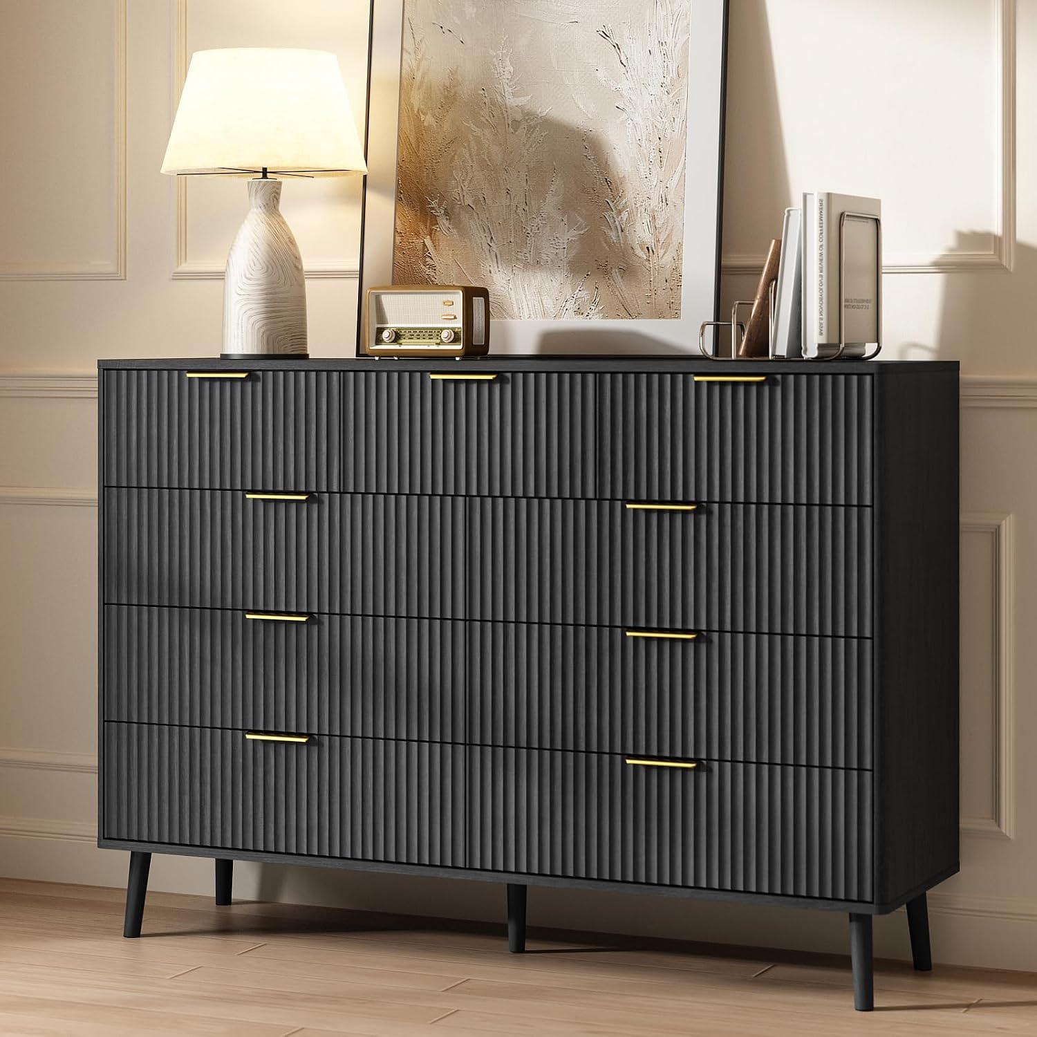 CARPETNAL Fluted 9 Drawer Dresser for Bedroom, 55' Wide Wooden Chest of Drawers with Rounded Corners, Gold Handles, Modern Storage Organizer for Bedroom, Hallway(Black)