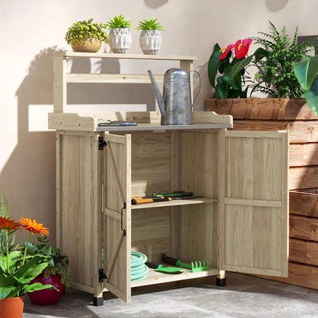 Garden Potting Bench Table with Storage Cabinet and Metal-Plated Tabletop, Top Shelves, Non-Slip Foot Mats, All-Weather Outdoor Potting Bench Work Station for Outside Lawn Patio