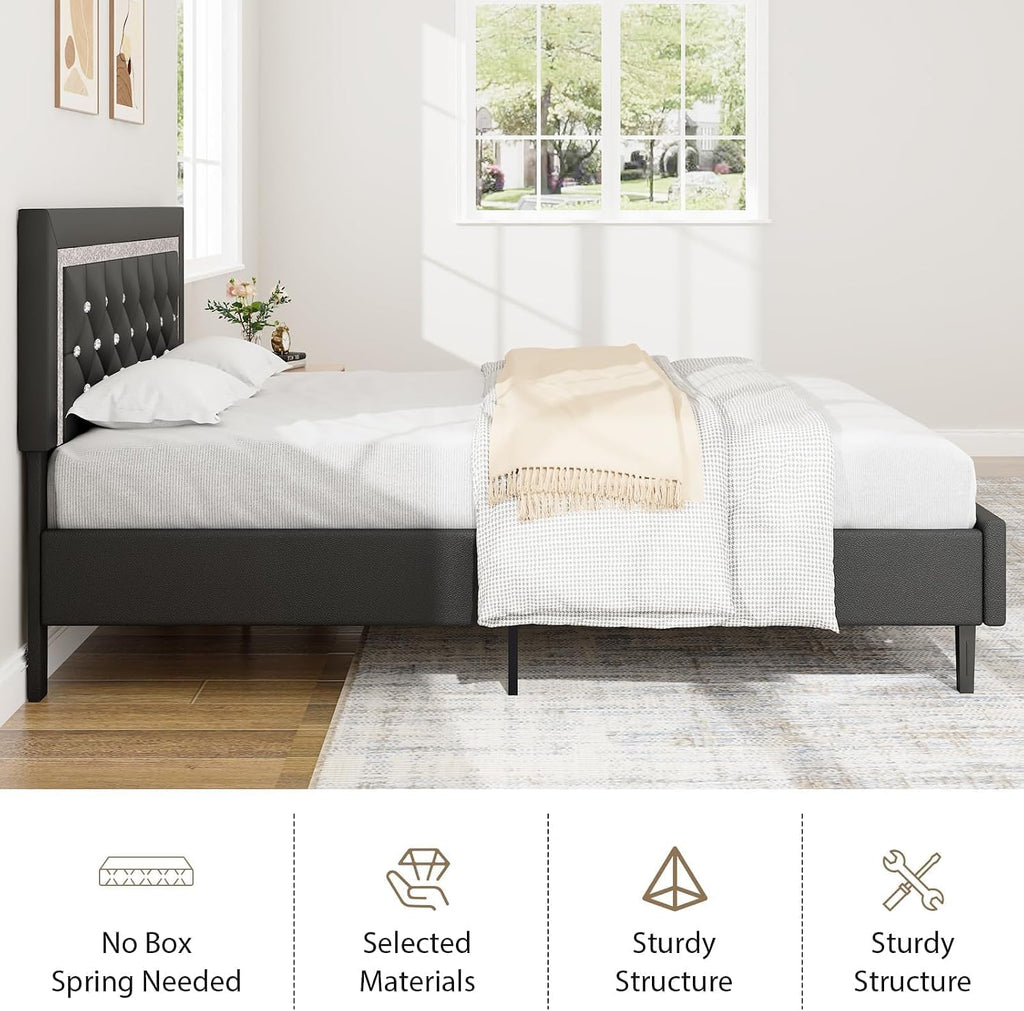 BarnFurin Queen Bed Frame with Tufted Button Headboard, Upholstered Platform Bed Frame with Diamond Design, Wood Slat Support, No Box Spring Needed, Easy Assembly, Black