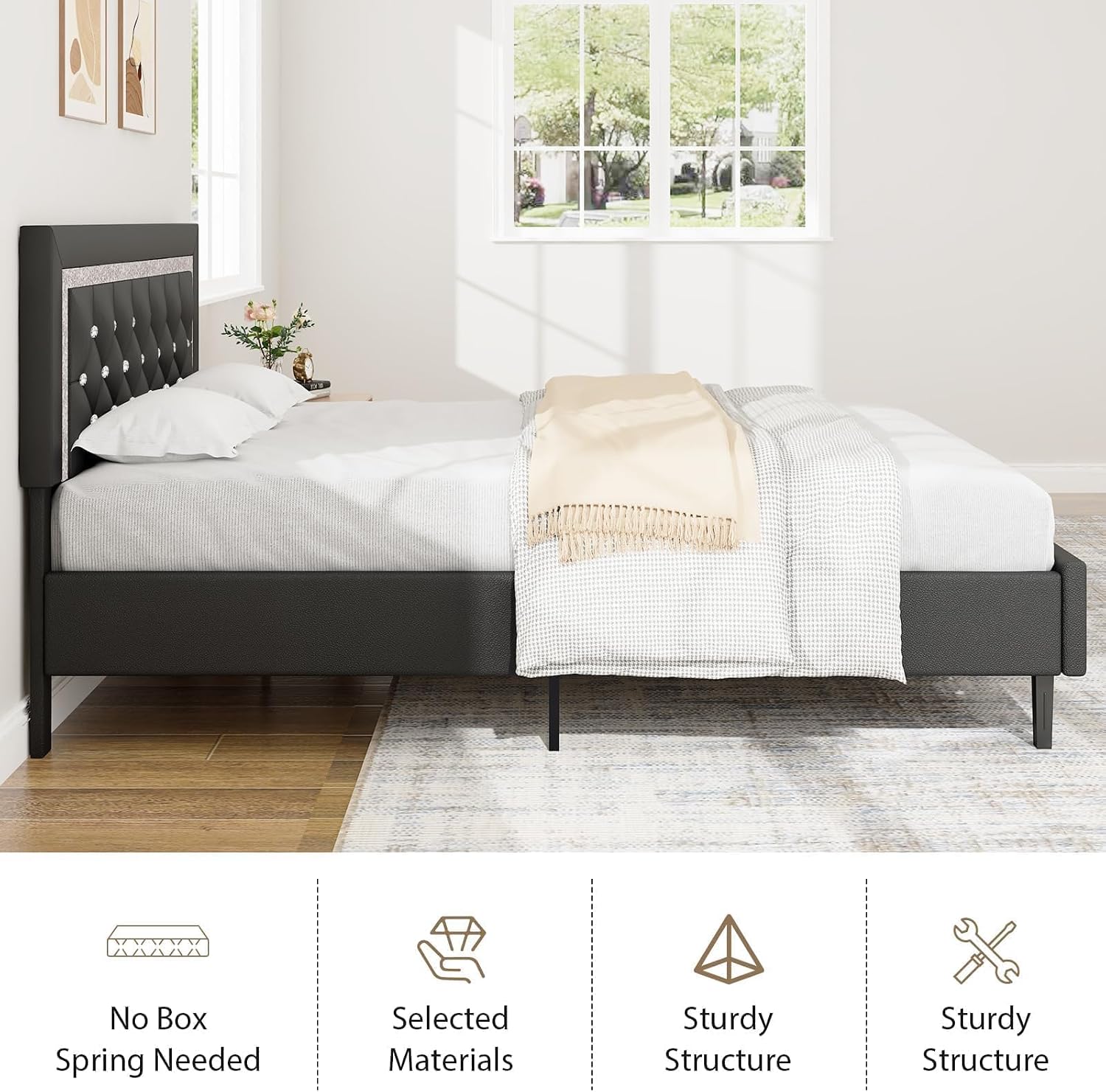 BarnFurin Queen Bed Frame with Tufted Button Headboard, Upholstered Platform Bed Frame with Diamond Design, Wood Slat Support, No Box Spring Needed, Easy Assembly, Black