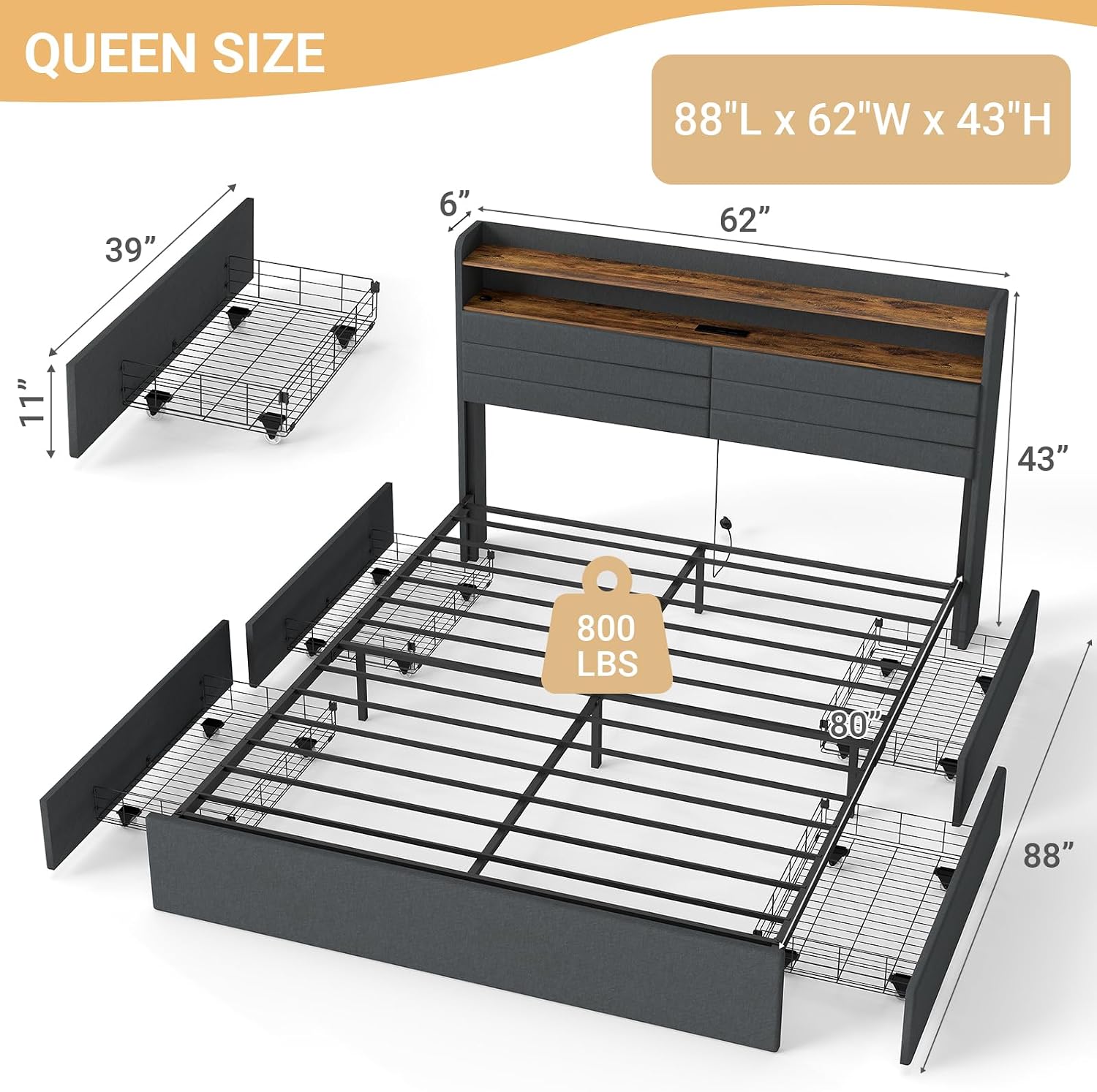 Zevemomo Queen Bed Frame with 4 Storage Drawers, Queen Size Upholstered Bed Frame with Headboard, LED, Charging Station with USB Ports & AC Outlets, Sturdy Metal Slat Support, Noiseless, Gray