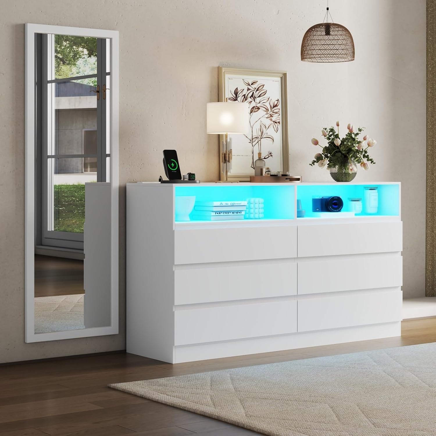 Gyfimoie Dresser for Bedroom with Full Length Mirror 48'x16', White Storage Cabinet with Power Outlet, 6 Drawer Dresser with LED Light, Modern Dressers with Charging Station(White)