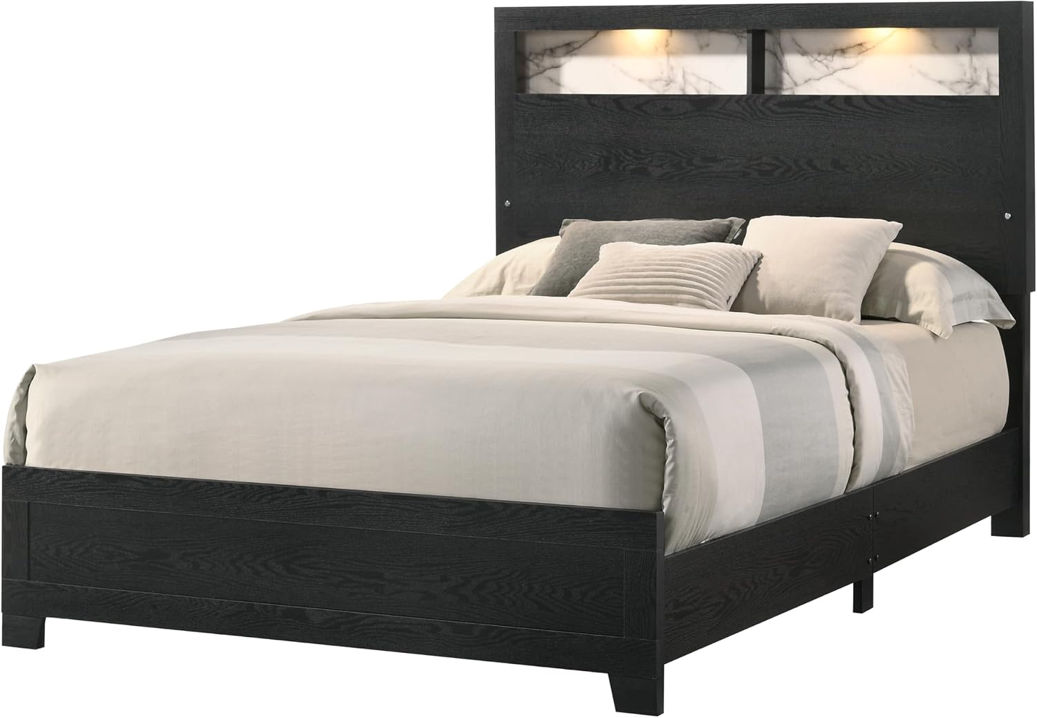 Modern 4Pc Black Finish King LED Light Headbaord Panel Bed Marble Look Accent Set Bedroom Solid Wood Wooden Furniture