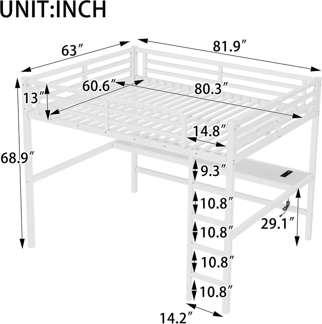 Bellemave Metal Queen Size Loft Bed with Desk and Charging Station,Heavy Duty Loft Bed Frame with LED Lights and USB for Kids,Teens,Adults,Queen Size,White