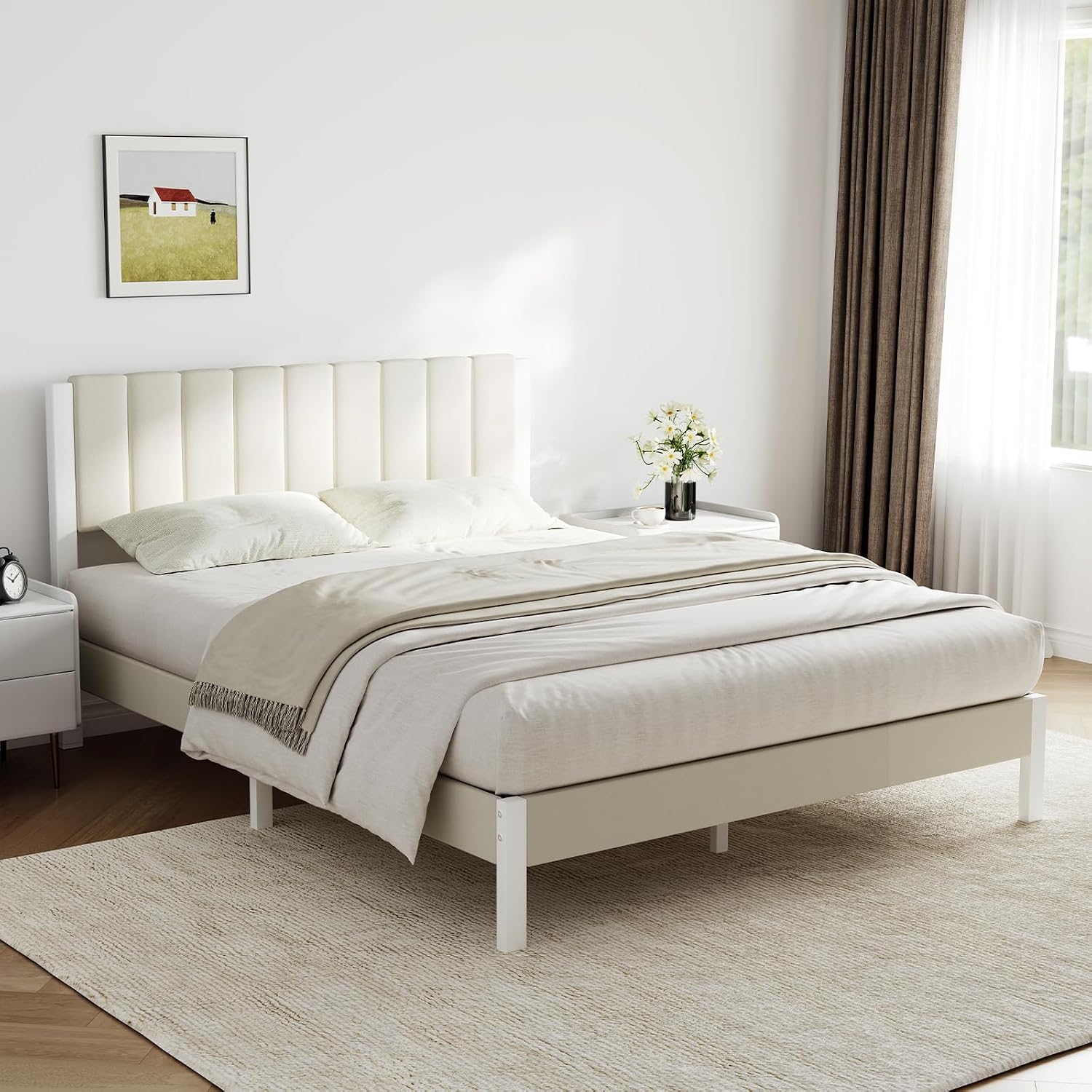Novilla Twin Bed Frame with Piano Keys Headboard and Footboard, Metal Platform Bed Frames Twin Size, No Box Spring Needed, Easy Assembly, Steel Slats Support, Velvet White