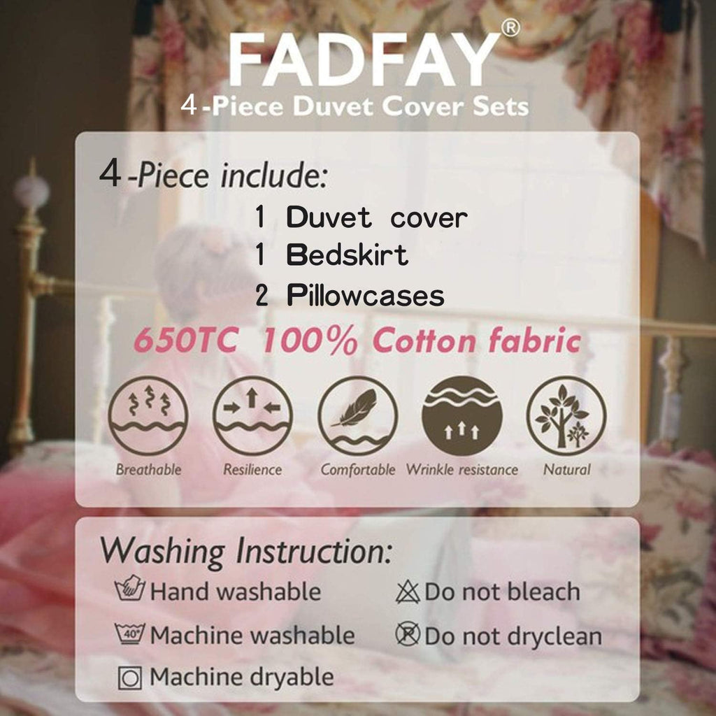 FADFAY Shabby Green Floral Bedding 100% Cotton Princess Lace Ruffle Girls Duvet Cover Set with Bedskirt, 4Pcs, King Size
