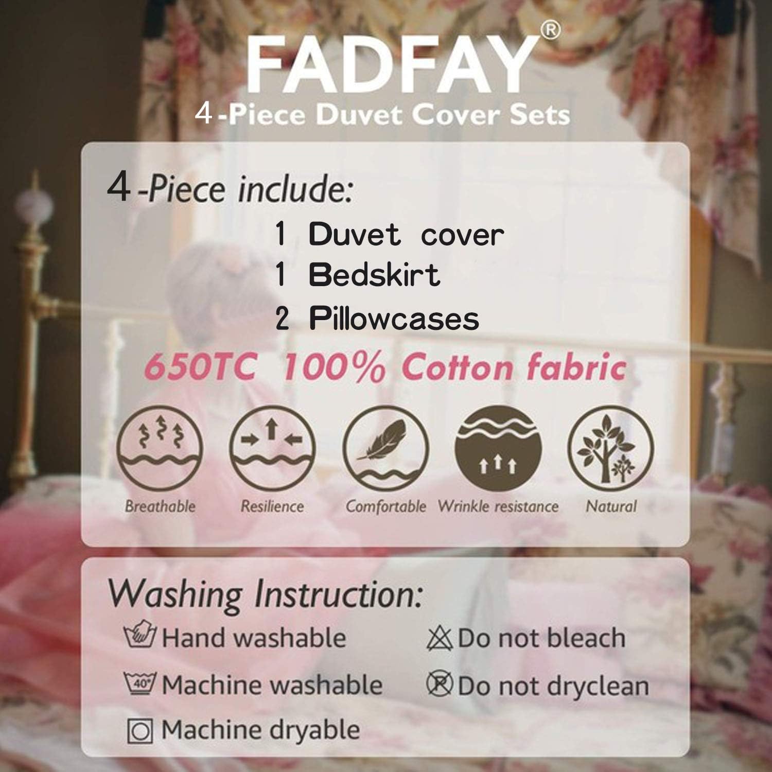 FADFAY Shabby Green Floral Bedding 100% Cotton Princess Lace Ruffle Girls Duvet Cover Set with Bedskirt, 4Pcs, King Size