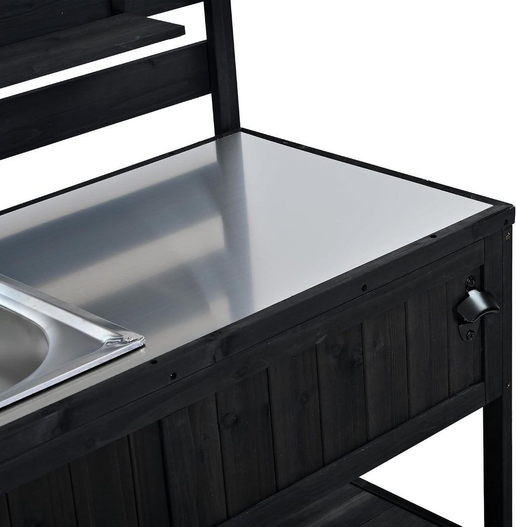 41.7'' Large Patio Rolling Kitchen Island,Solid Wood Kitchen Cart with Sink,Garden Potting Bench with Stainless Table Top,2 Movable Shelves and 1 Bottle Opener (Black-J)