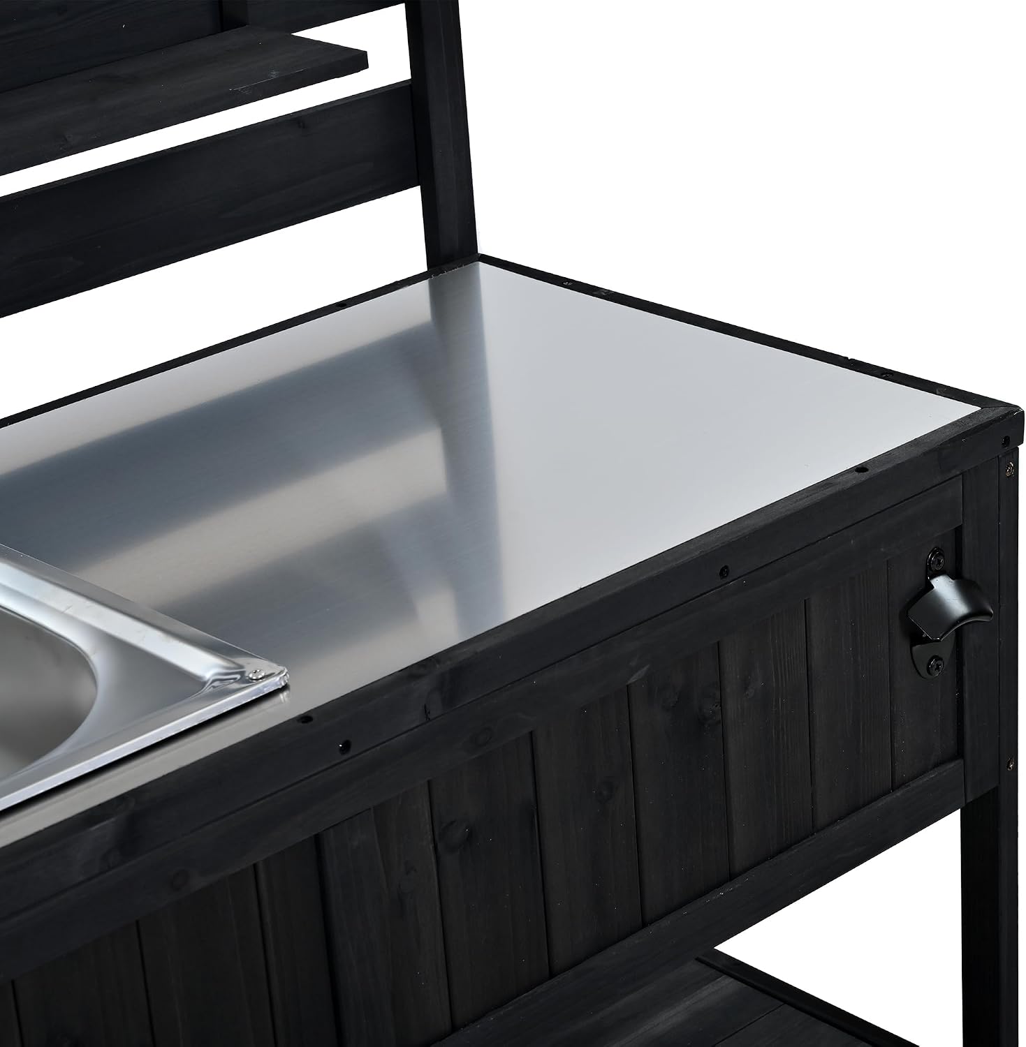 41.7'' Large Patio Rolling Kitchen Island,Solid Wood Kitchen Cart with Sink,Garden Potting Bench with Stainless Table Top,2 Movable Shelves and 1 Bottle Opener (Black-J)
