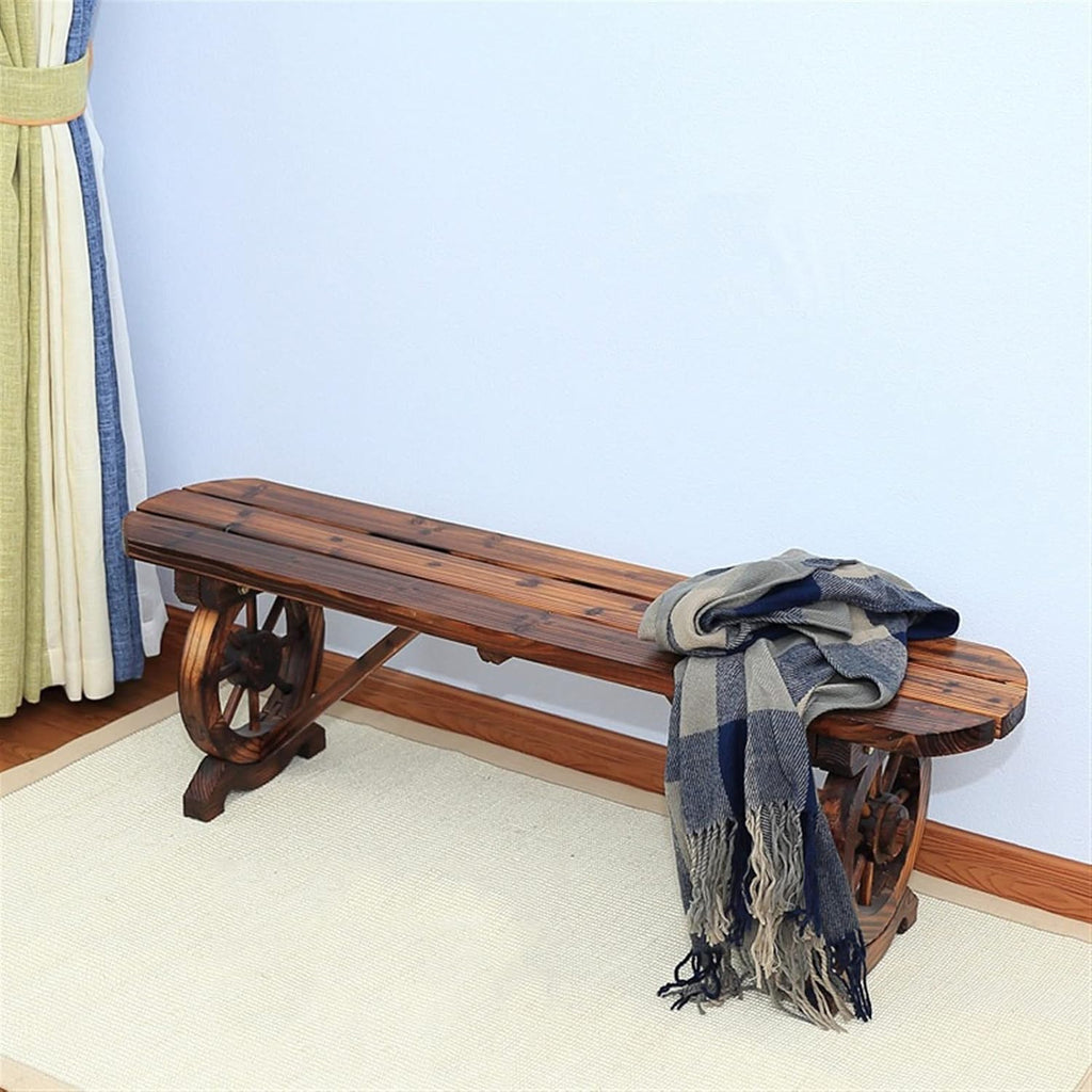HASMI Outdoor Benches 100/120cm Porch Bench Wooden Carbonized Bench Wheel Shape Chair Legs Oval Seat Pastoral Style Two-seat Sofa Outdoor Bench Garden Bench (Size : 120cm)
