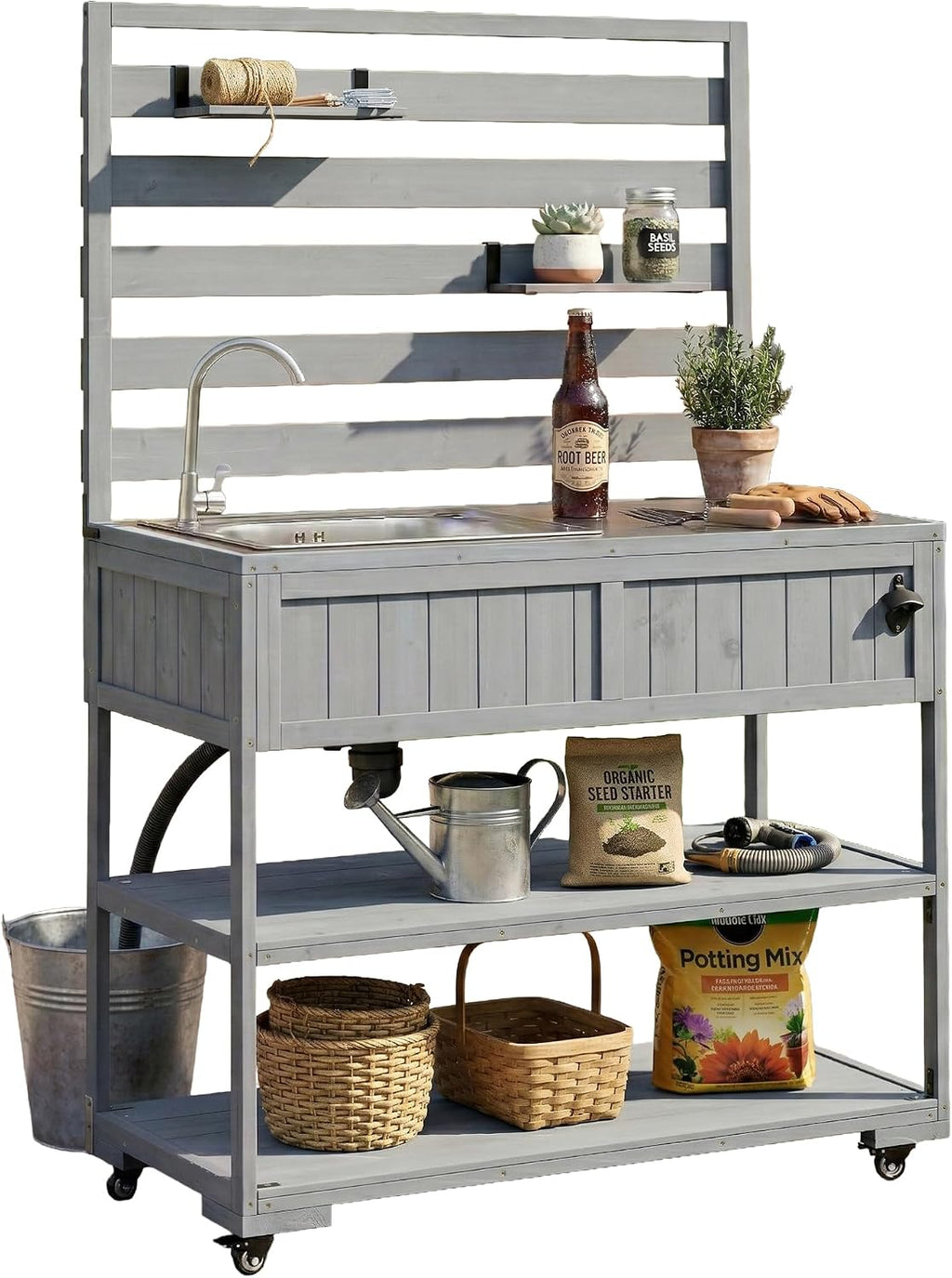 Outdoor Grill Cart with Sink - Solid Wood Kitchen Island with Stainless Steel Table Top, High Shelf, Storage Cabinets & Lockable Wheels, Mobile Potting Bench Table for BBQ & Garden (Grey + Blue)