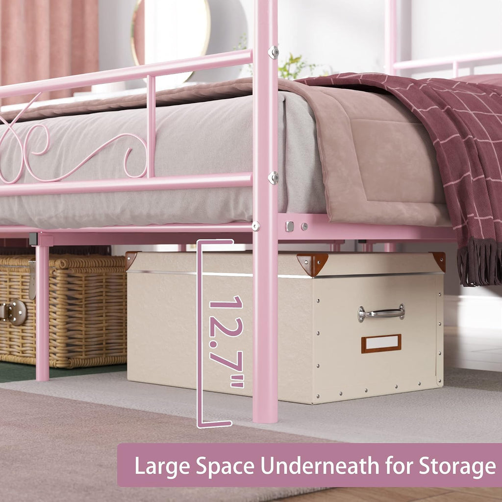 Weehom Full Canopy Bed Frame with Headboard and Footboard, 4 Posters Metal Bed Frame, No Box Spring Needed, Mattress Foundation Platform Bed for Kids and Adults, Pink