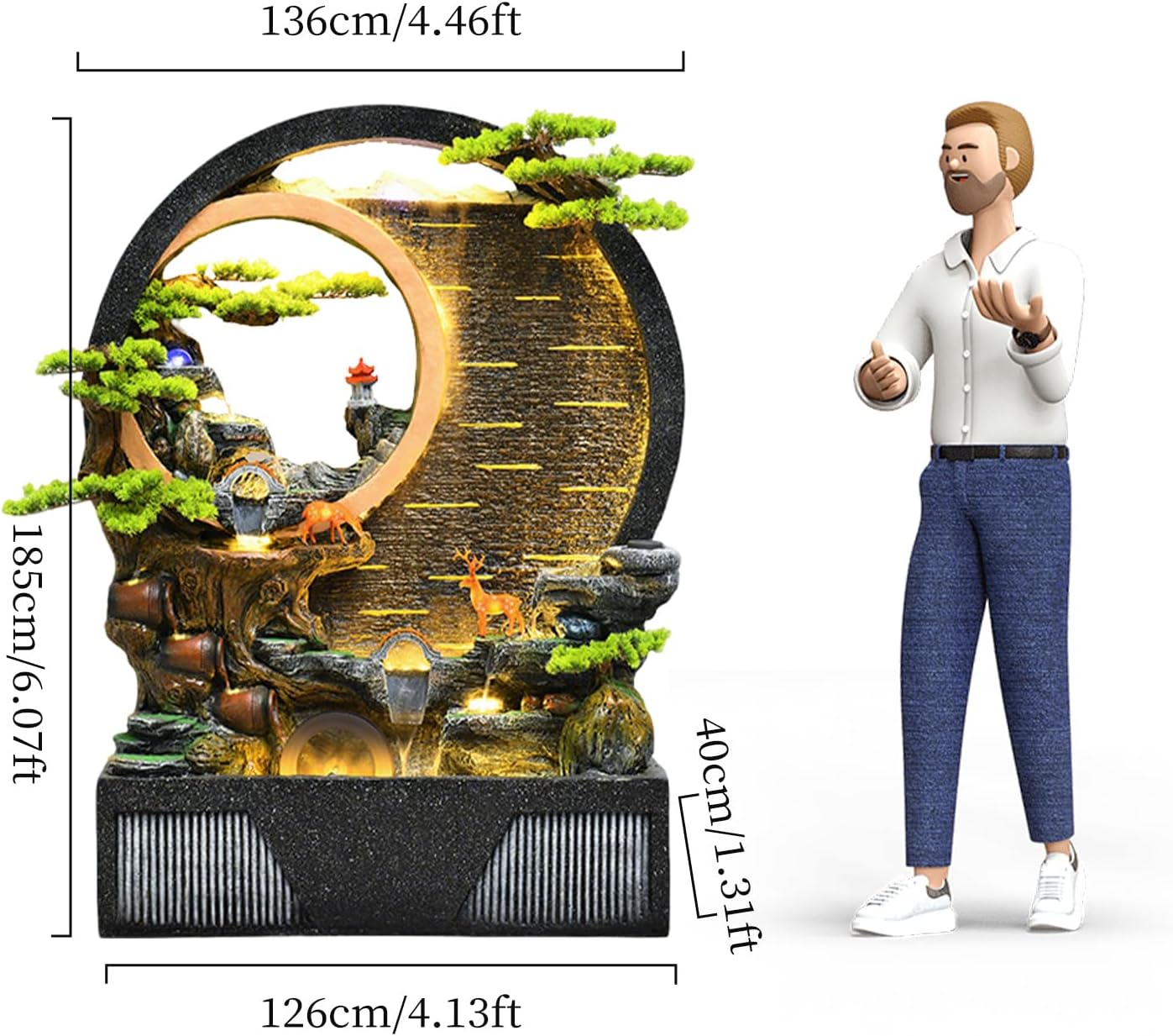 Indoor Outdoor Resin Fountain with LED Light Ring – Round Landscape Waterfall Feature with Pump, Bonsai & Gourd Decor – 6.07ft Tall Large Decorative Water Sculpture(B Large)