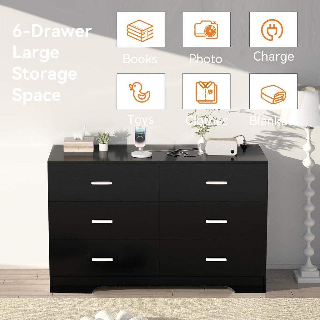 FJTJBSI Dresser with Power Outlets Wooden 6 Drawer Dresser with USB and Type C Port Chest of Drawers for Bedroom Tall Black Organizer Storage for Living Room Hallway Closet