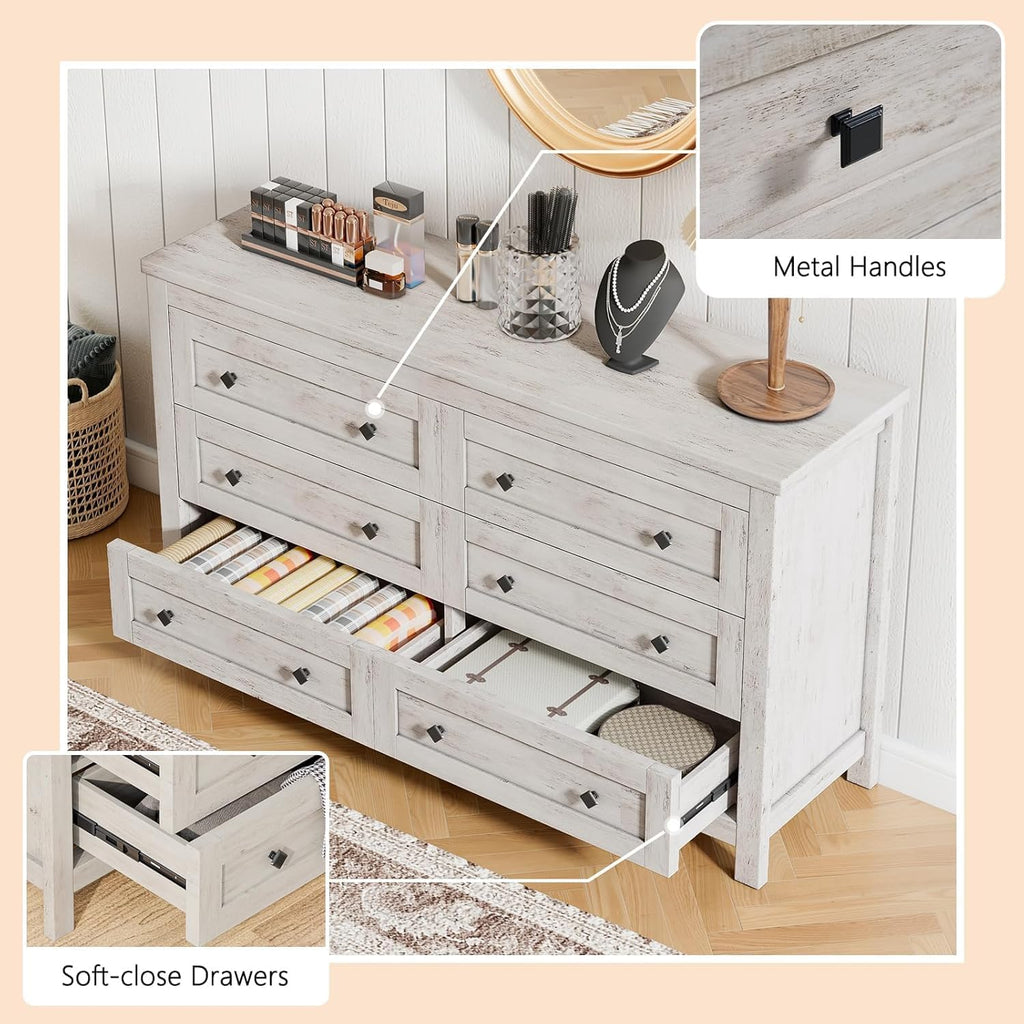 LUXOAK Bedroom Dresser and Nightstand 3 Piece Set, 1 X Wood Rustic 6 Drawer Storage Dresser, Nightstand Set of 2 with Charging Station, Farmhouse Bedroom Furniture Set, Rustic White