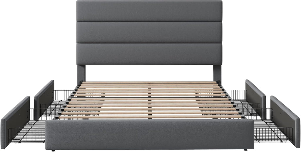 Allewie Modern Queen Size Platform Bed Frame with 4 Storage Drawers and Velvet Upholstered Headboard, Wooden Slats Support, Upholstered Mattress Foundation/No Box Spring Needed/Easy Assembly, Grey
