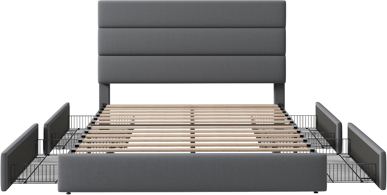 Allewie Modern Queen Size Platform Bed Frame with 4 Storage Drawers and Velvet Upholstered Headboard, Wooden Slats Support, Upholstered Mattress Foundation/No Box Spring Needed/Easy Assembly, Grey