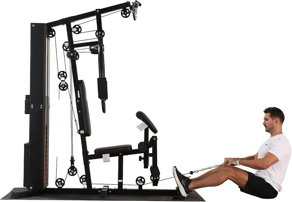 BalanceFrom Multifunctional Steel Frame Home Gym Machine with Floor Mat – Strength Training Workout Station with 160-Pound Weight Stack, Lat Pull & Low Row Bars, 4-Roll Leg Developer & Press