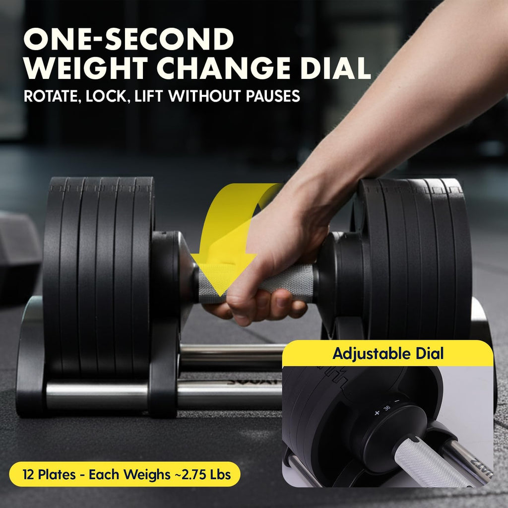SQUATZ Adjustable Dumbbells with Quick Weight Change, Space-Saving Dumbbell Set with Anti‑Slip Handle, Secure Locking System, Heavy‑Duty Plates & Base for Home Workout and Strength Training